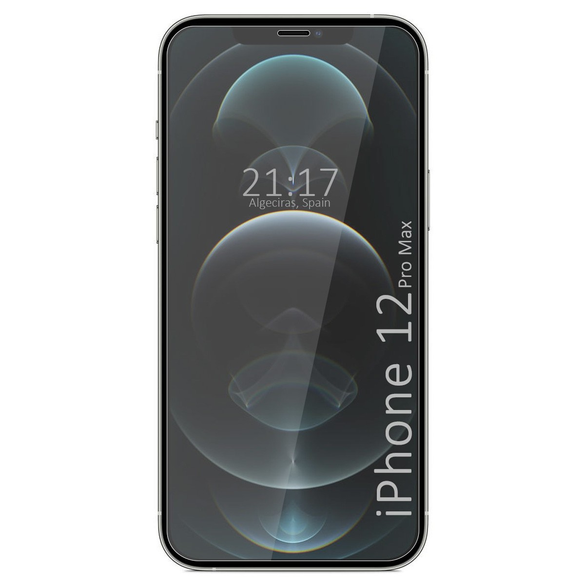 Telefono iPhone 12 Pro Max. Mostra 21:17 ad Algeciras, Spagna. Con protezione schermo.