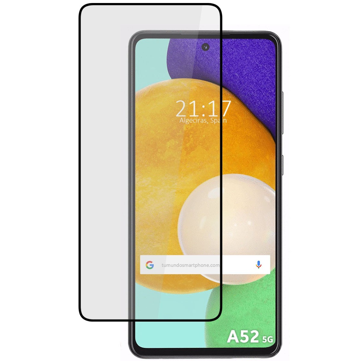 Smartphone con protector de pantalla, muestra hora, web y diseño abstracto.