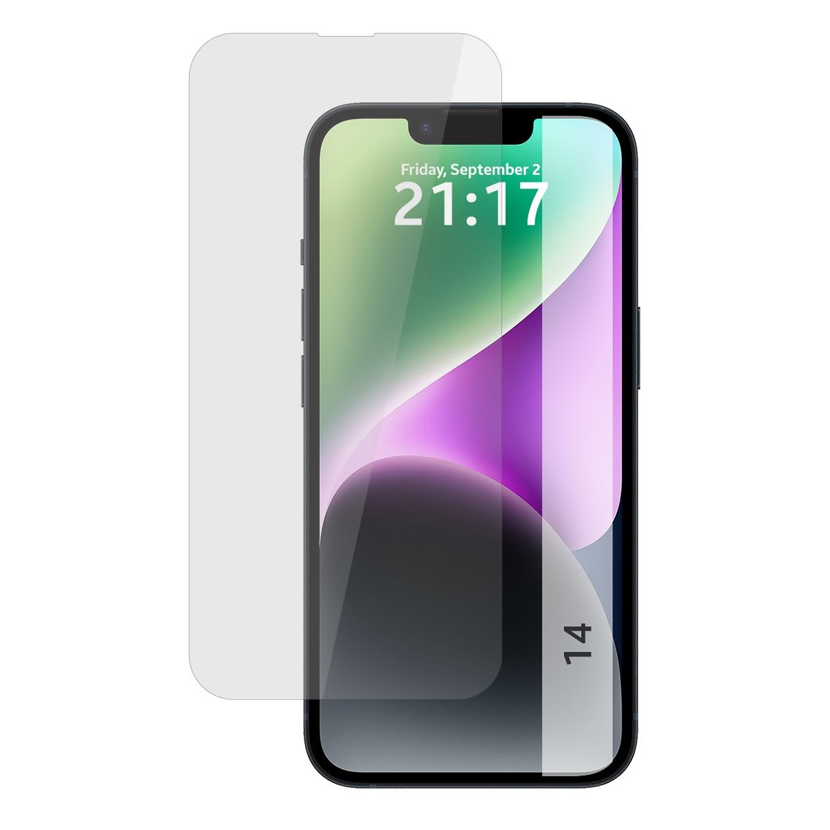 Smartphone con protector de pantalla. Muestra la hora 21:17, Algeciras, España, y el modelo iPhone 14.