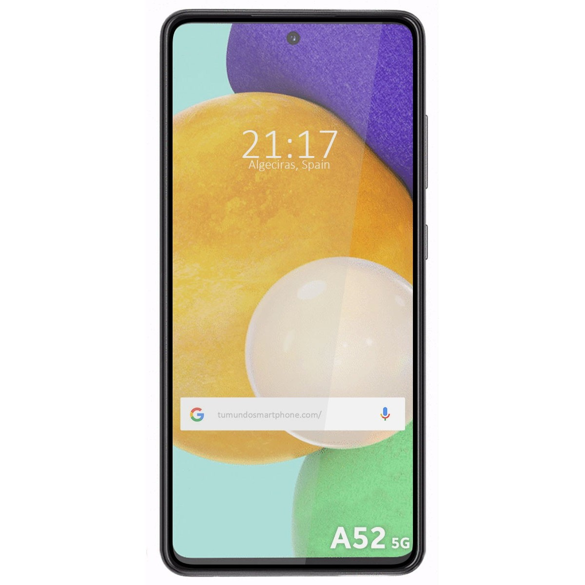 Pantalla de teléfono con visualización de la hora, ubicación y modelo A52 5G. Fondo abstracto con círculos.