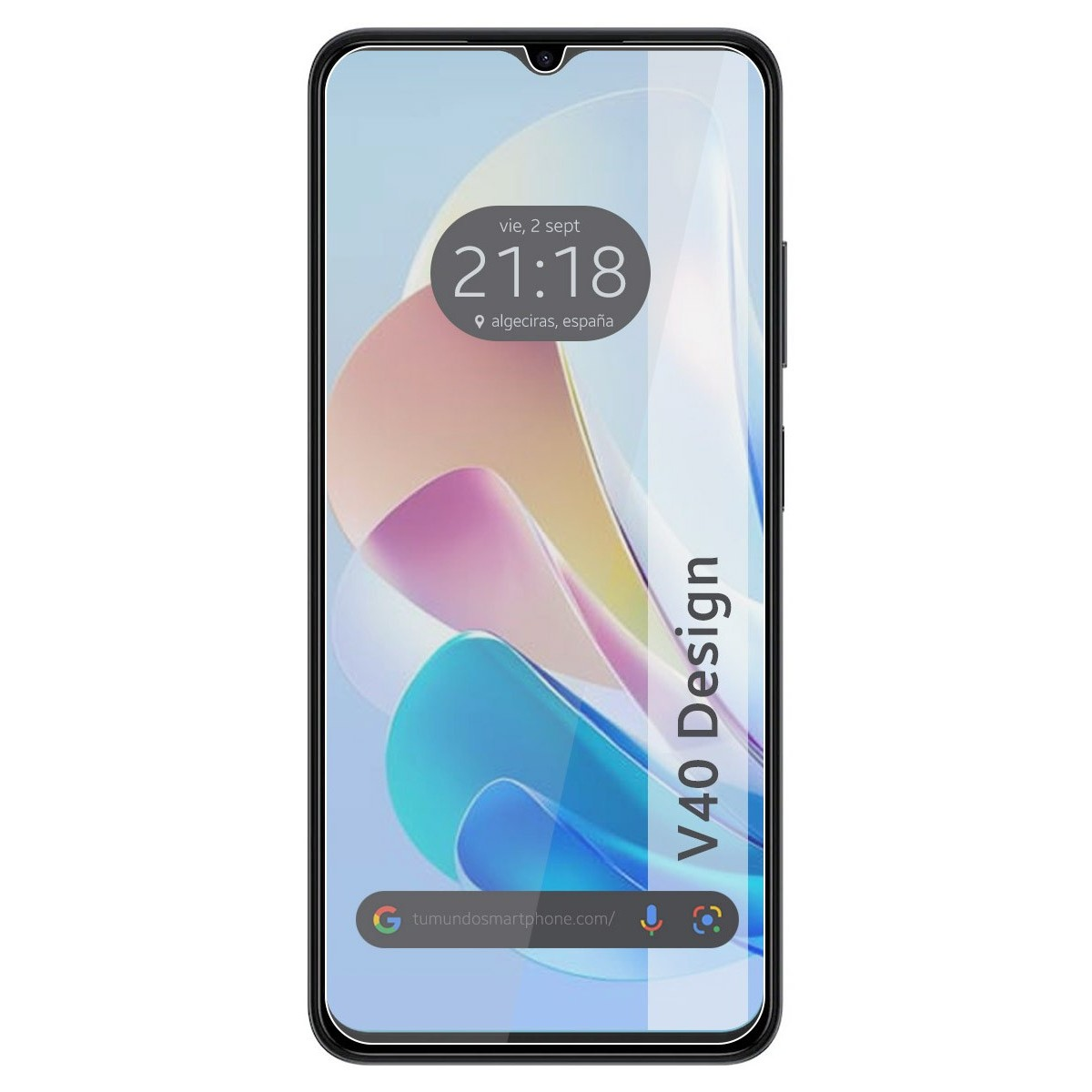 Lo schermo del telefono mostra ora e data, con il testo "V40 Design" sul lato destro.
