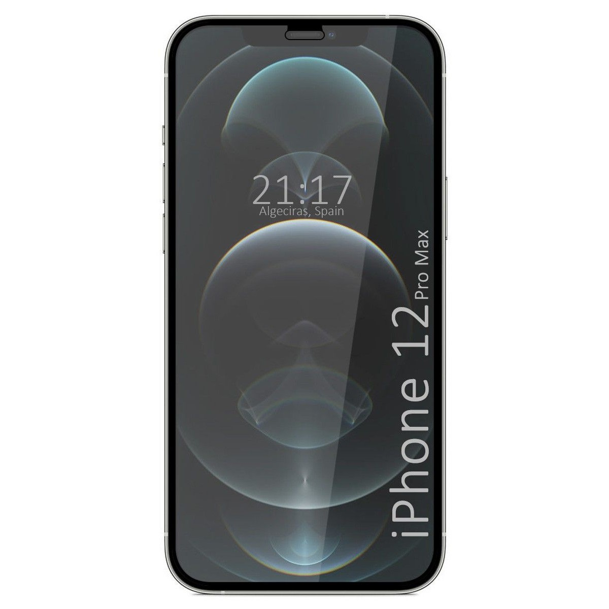 Smartphone iPhone 12 Pro Max, mostra ora, posizione e barra di ricerca.