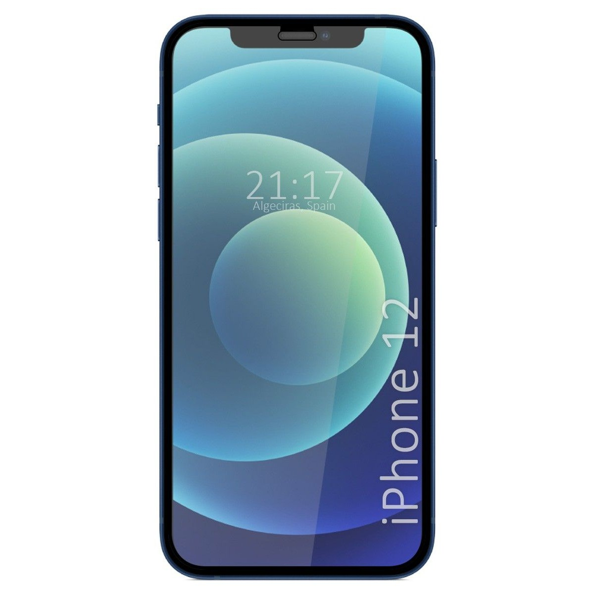 Telefono che mostra l'ora, il luogo e 'iPhone 12'. Lo schermo visualizza un motivo astratto blu e verde.