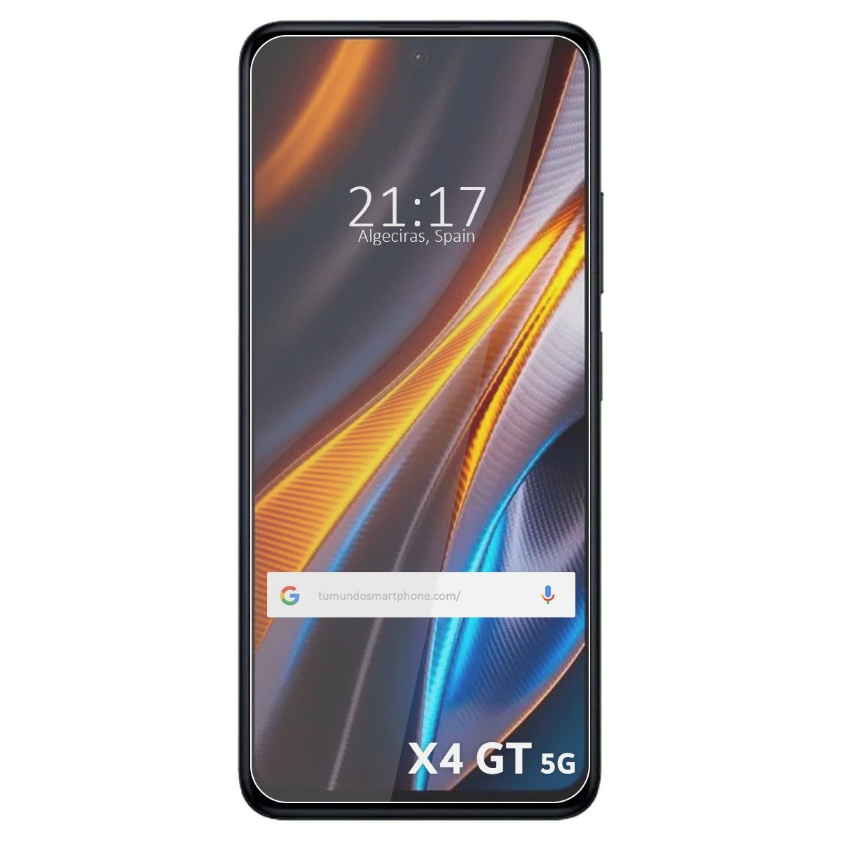Uno schermo di smartphone X4 GT 5G mostra l'ora, Algeciras, Spagna, e una barra di ricerca.