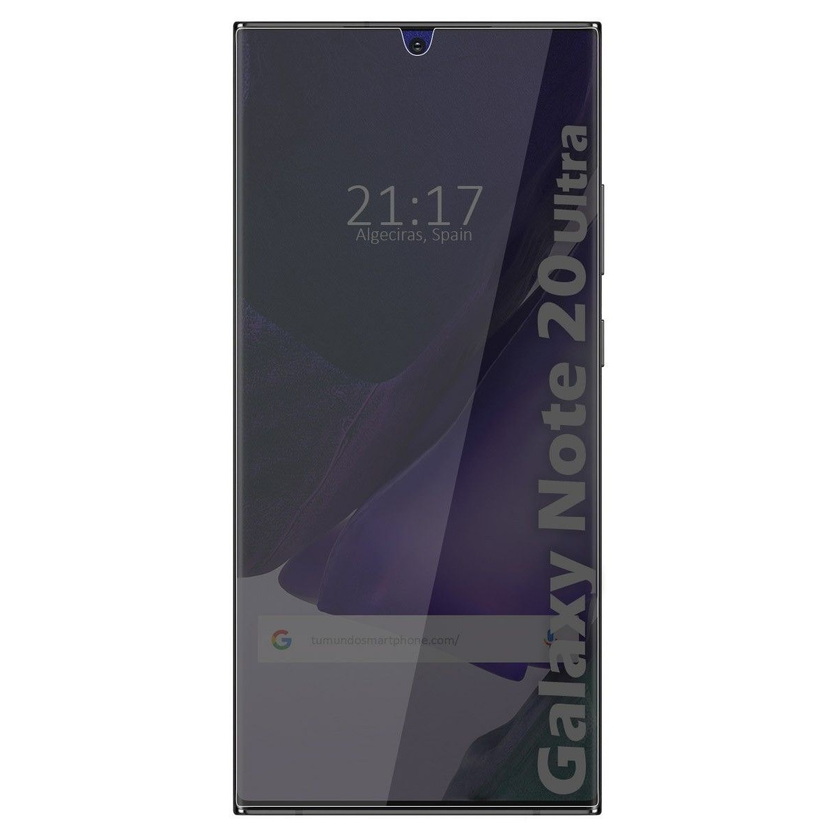 Un telefono Galaxy Note 20 Ultra mostra l'ora. Lo schermo ha uno strato protettivo.