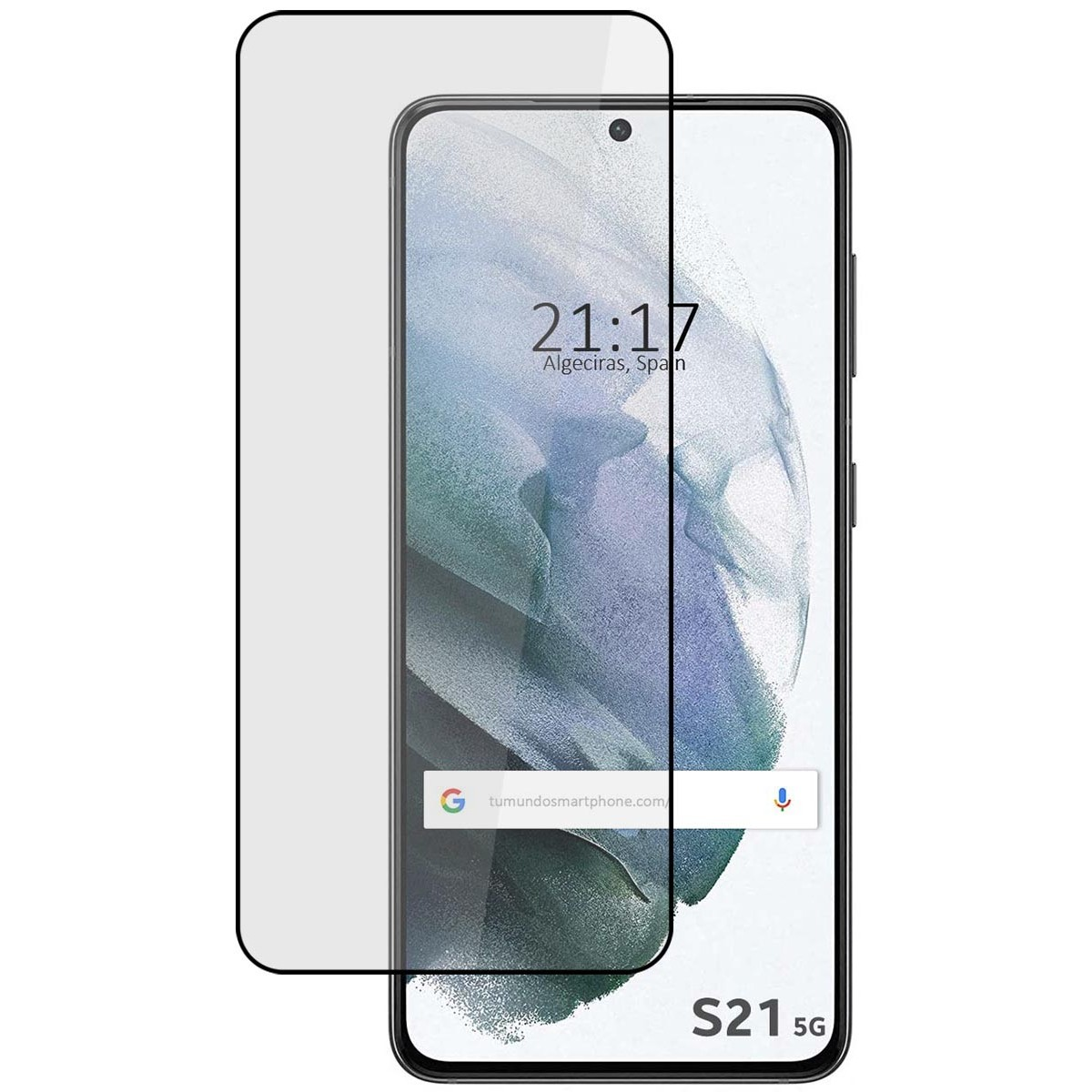 Smartphone S21 5G con protezione schermo. Mostra ora, data e barra di ricerca Google. Telefono nero.