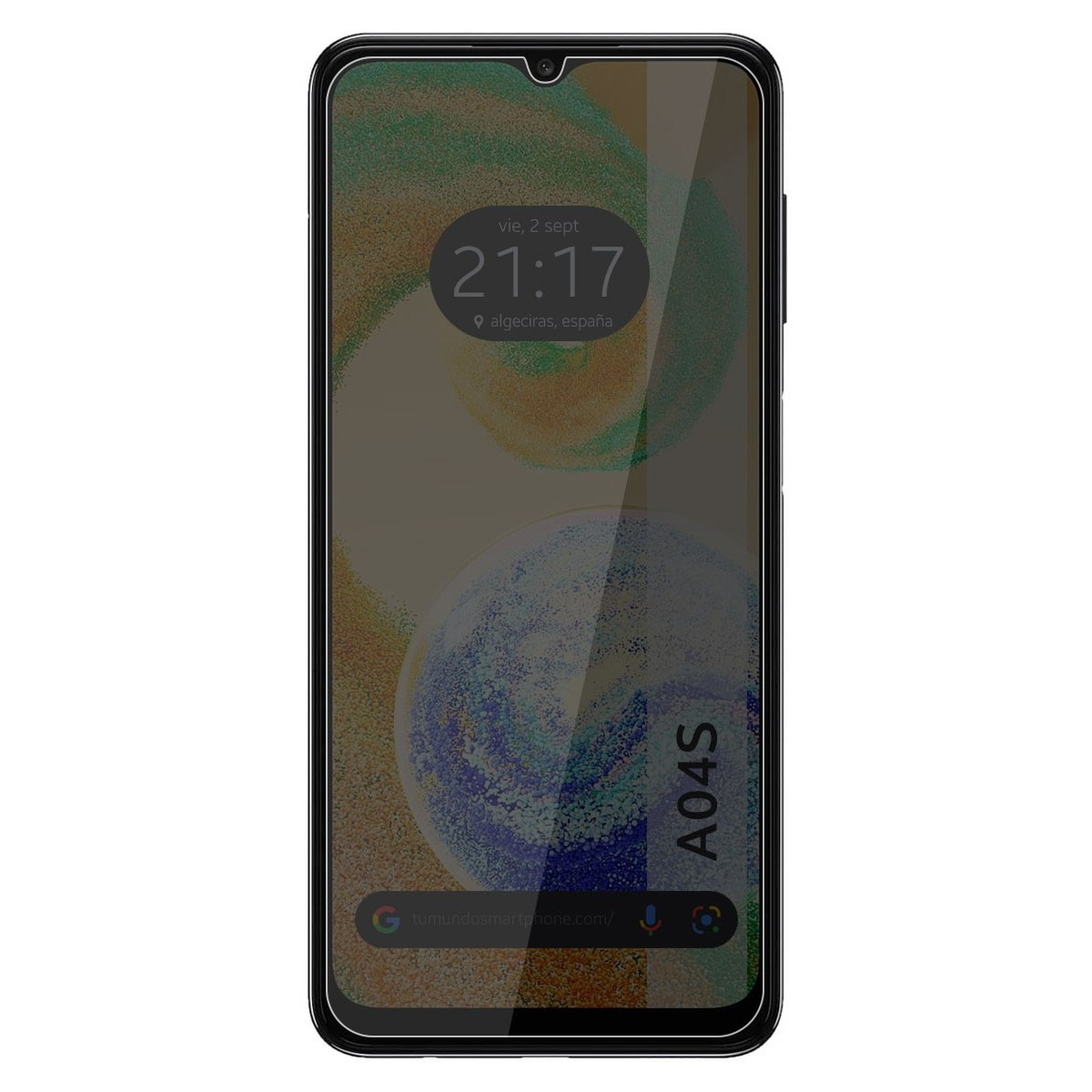Telefono mostra 21:17, barra Google e l'etichetta 'A04S'. Schermo con filtro privacy oscurato.
