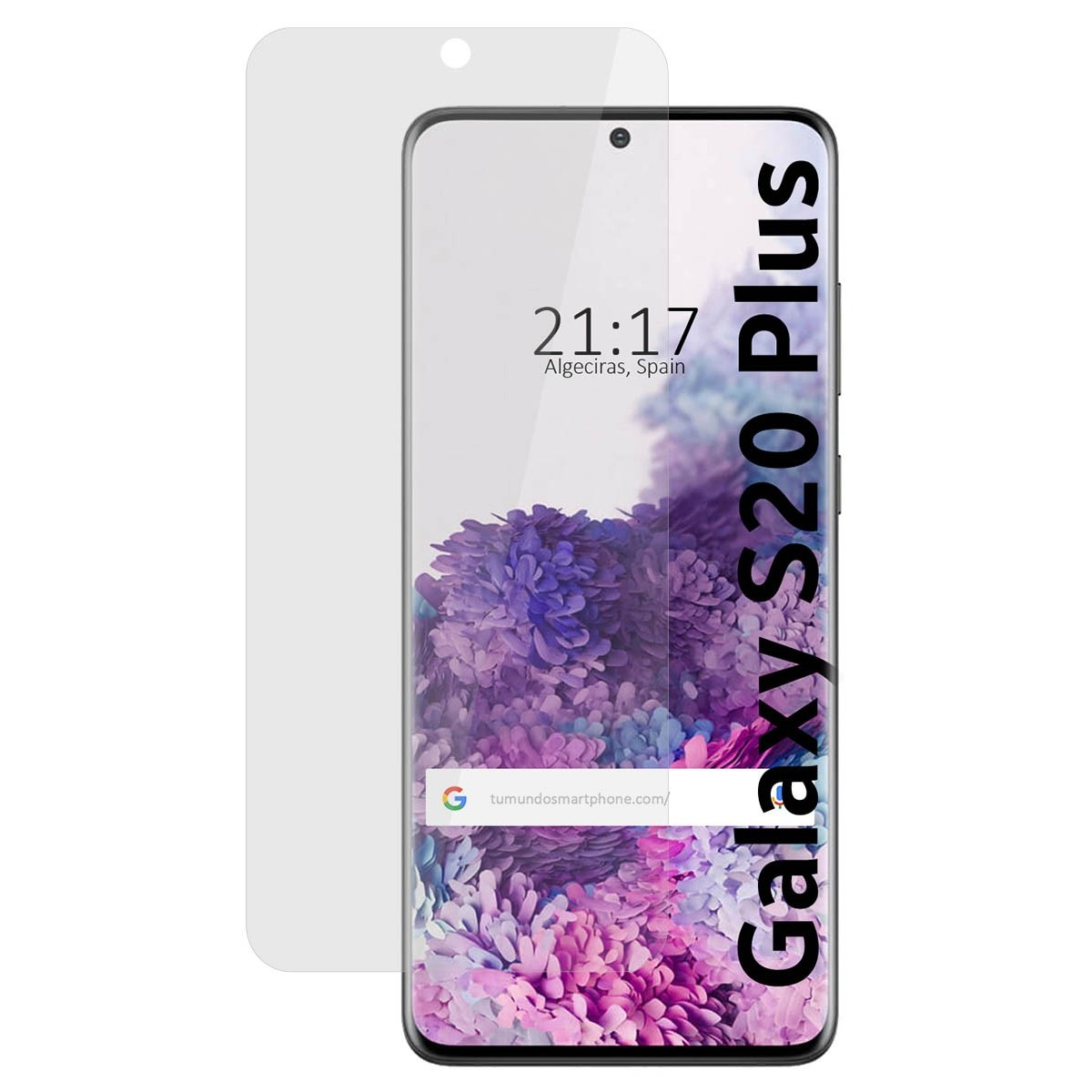 Schermo del telefono, visualizzazione dell'ora e testo 'Galaxy S20 Plus'.