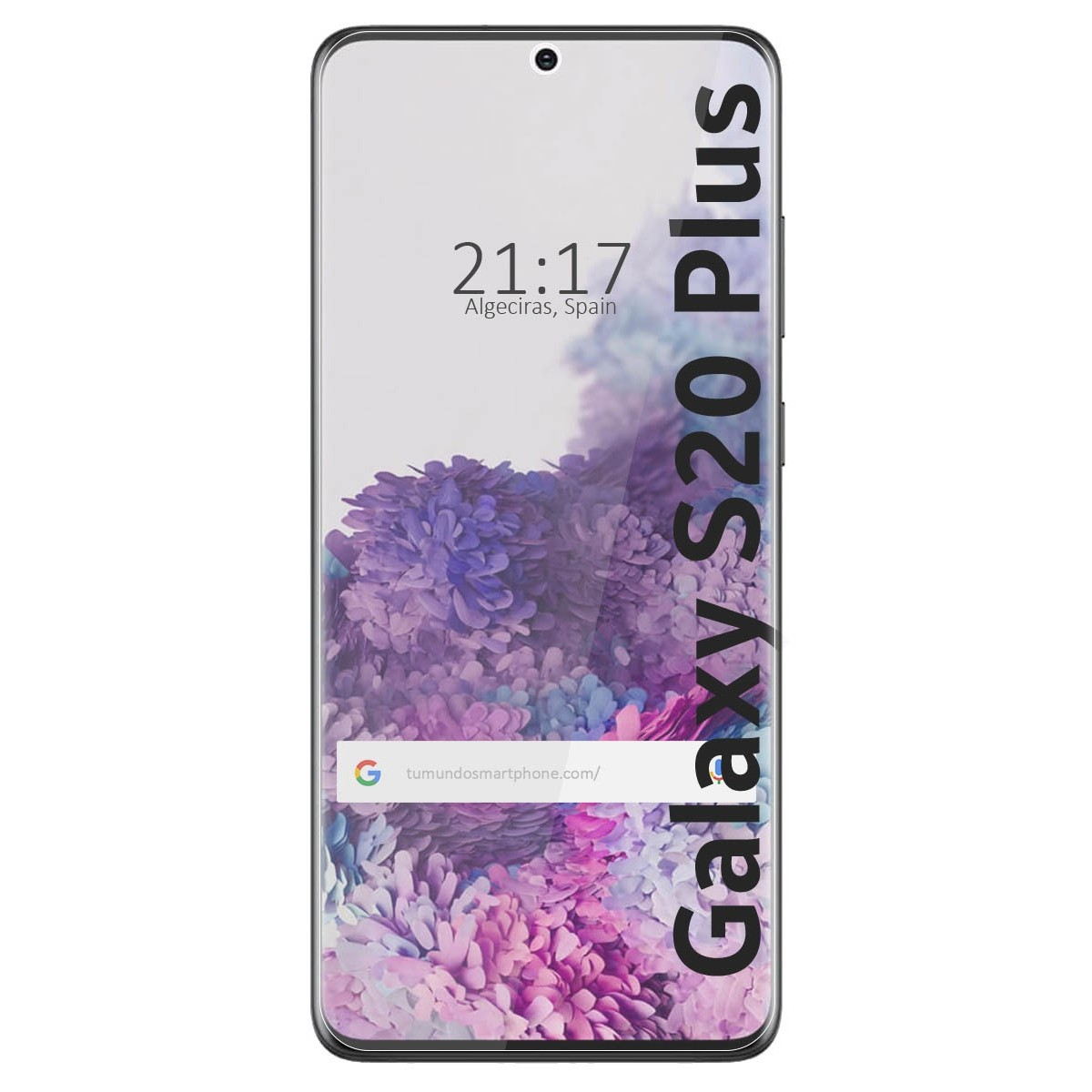 Schermo di smartphone che mostra uno sfondo floreale con l'ora 21:17 e il testo 'Galaxy S20 Plus' a destra.
