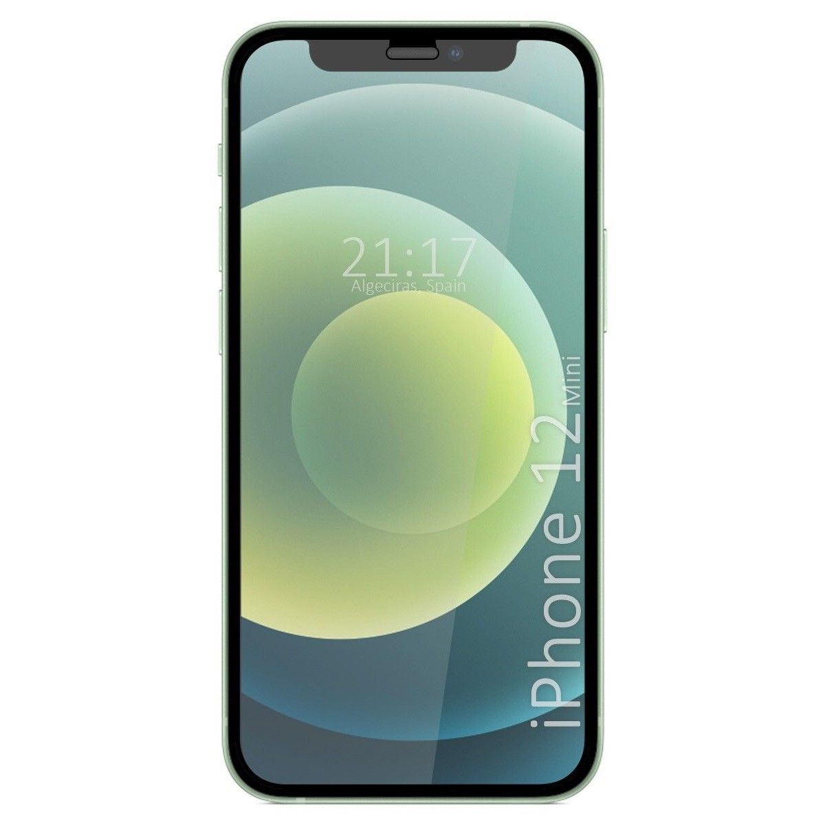 Uno smartphone con cornice verde che mostra l'ora 21:17 e iPhone 12 Mini. Lo sfondo è verde.