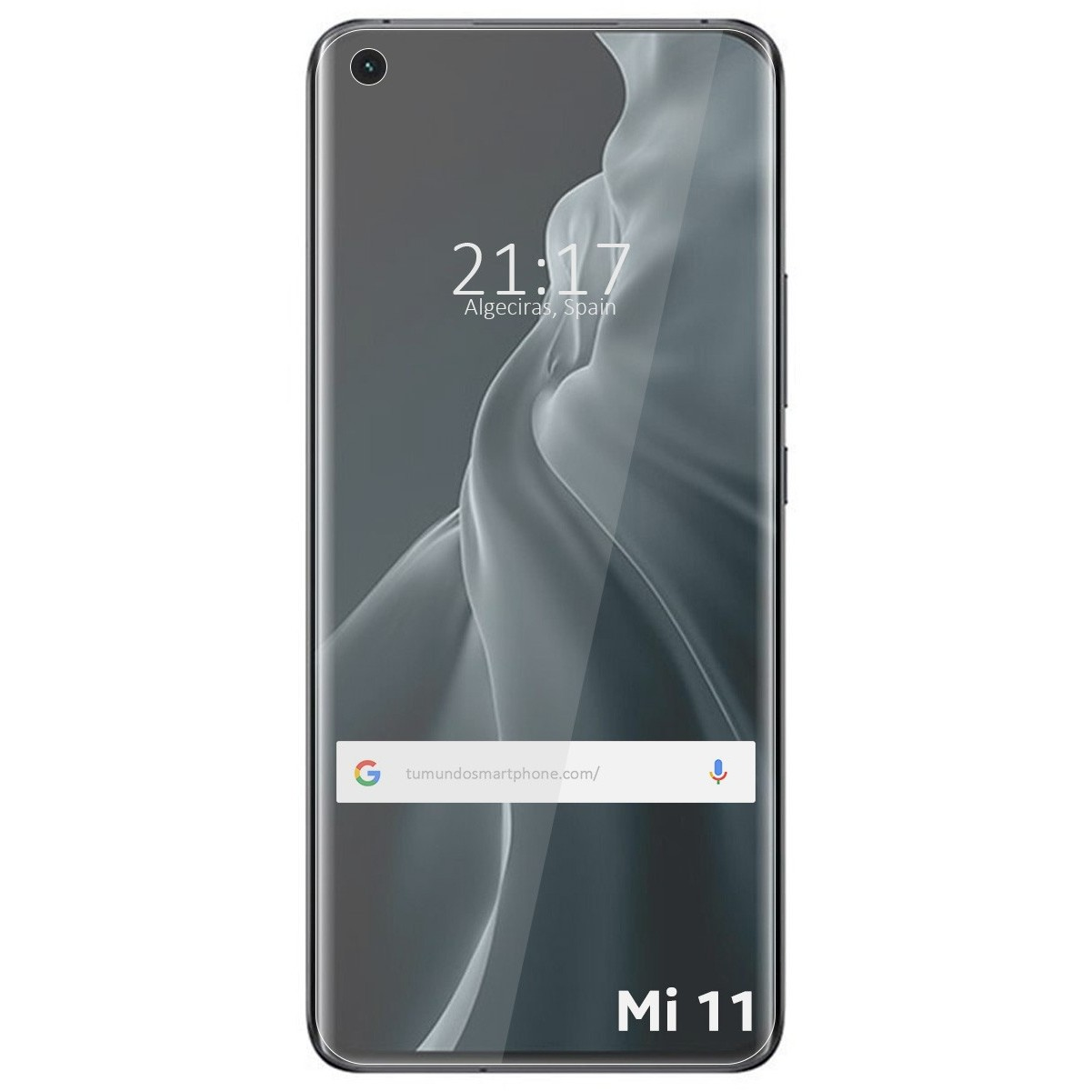 Smartphone nero che mostra ora e posizione. Il telefono è etichettato Mi 11.