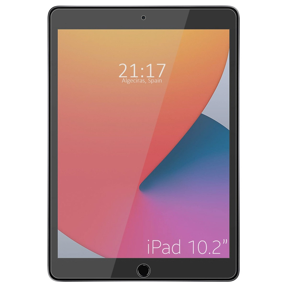 Schermo del tablet con ora 21:17. Testo: iPad 10.2". Sfondo con un design.