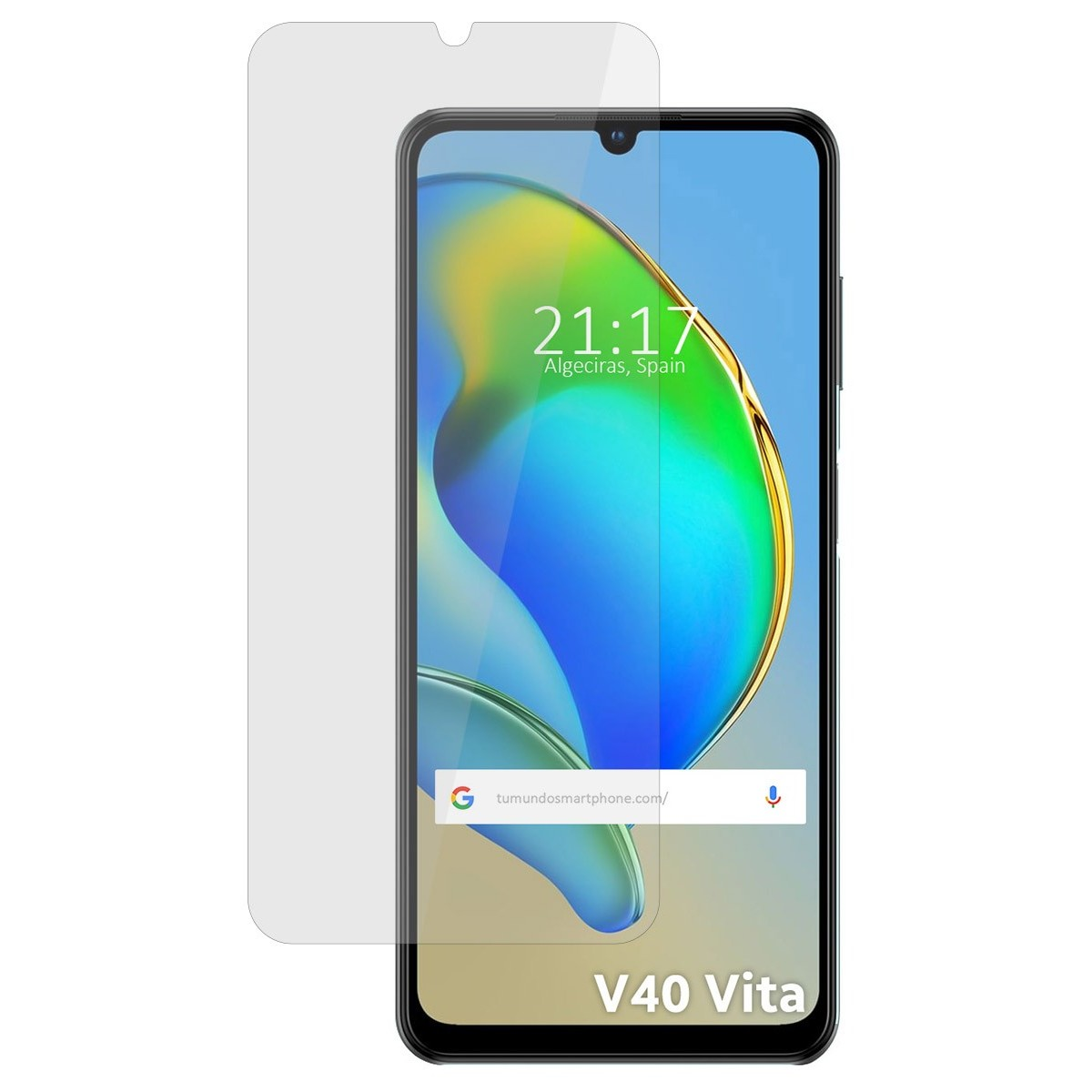 Smartphone con protezione schermo, ore 21:17, Algeciras, Spagna, con etichetta V40 Vita.