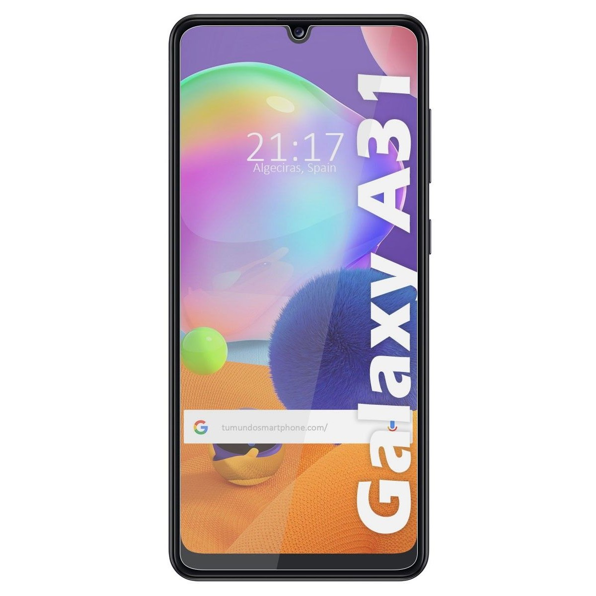 Telefono Galaxy A31 con schermo che mostra l'ora e il sito web. Sul telefono è presente una protezione schermo. Il testo Galaxy A31 è visibile.