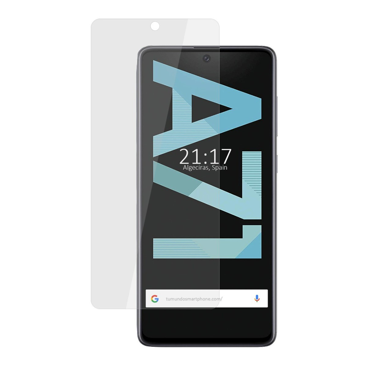 Smartphone nero con protezione schermo. Il display mostra ora e logo A71.