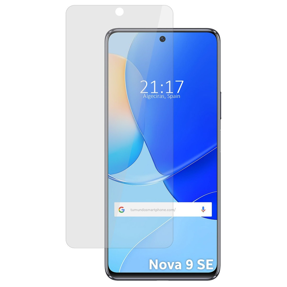 Teléfono Nova 9 SE con protector de pantalla. El teléfono muestra la hora, la fecha y una barra de búsqueda.