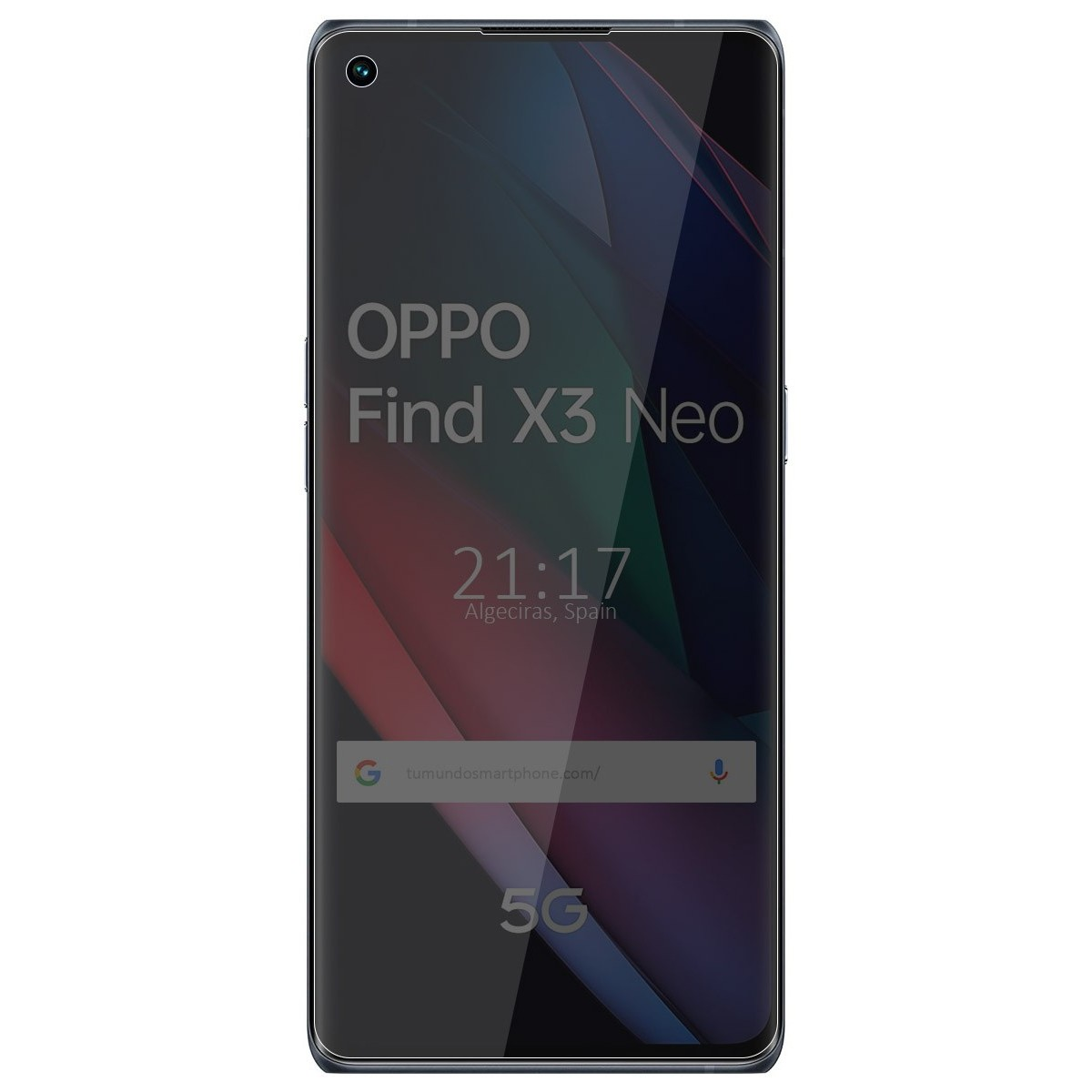 La pantalla del teléfono OPPO Find X3 Neo muestra la hora, la ciudad y la barra de búsqueda. El teléfono es negro con pantalla curva.