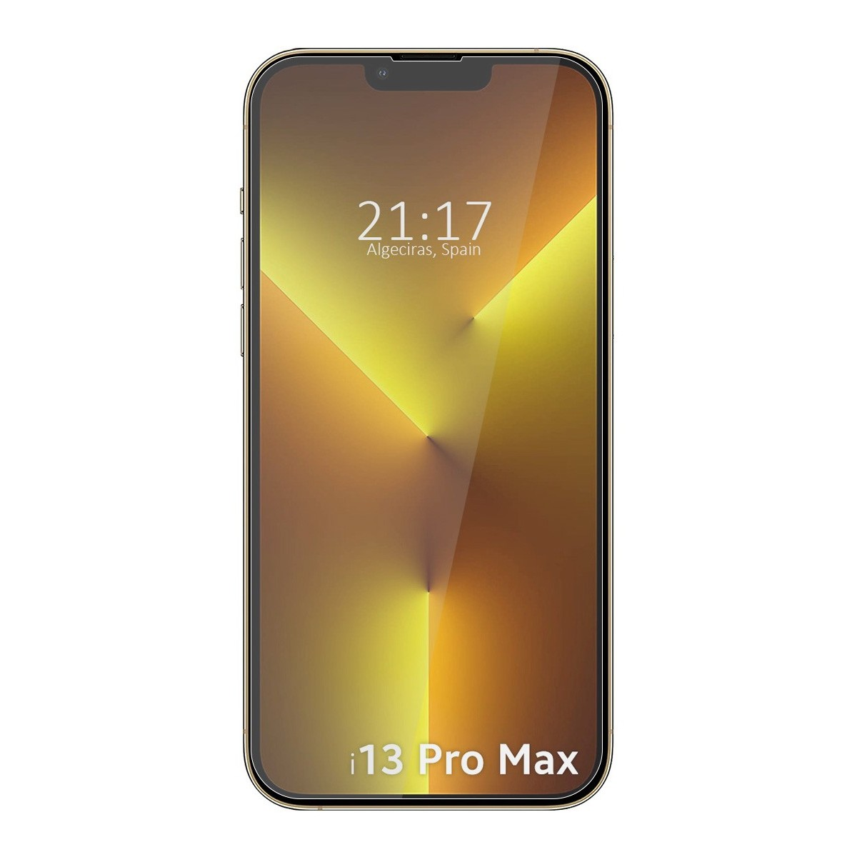 Il telefono mostra l'ora e il design. Il telefono è un modello i13 Pro Max.