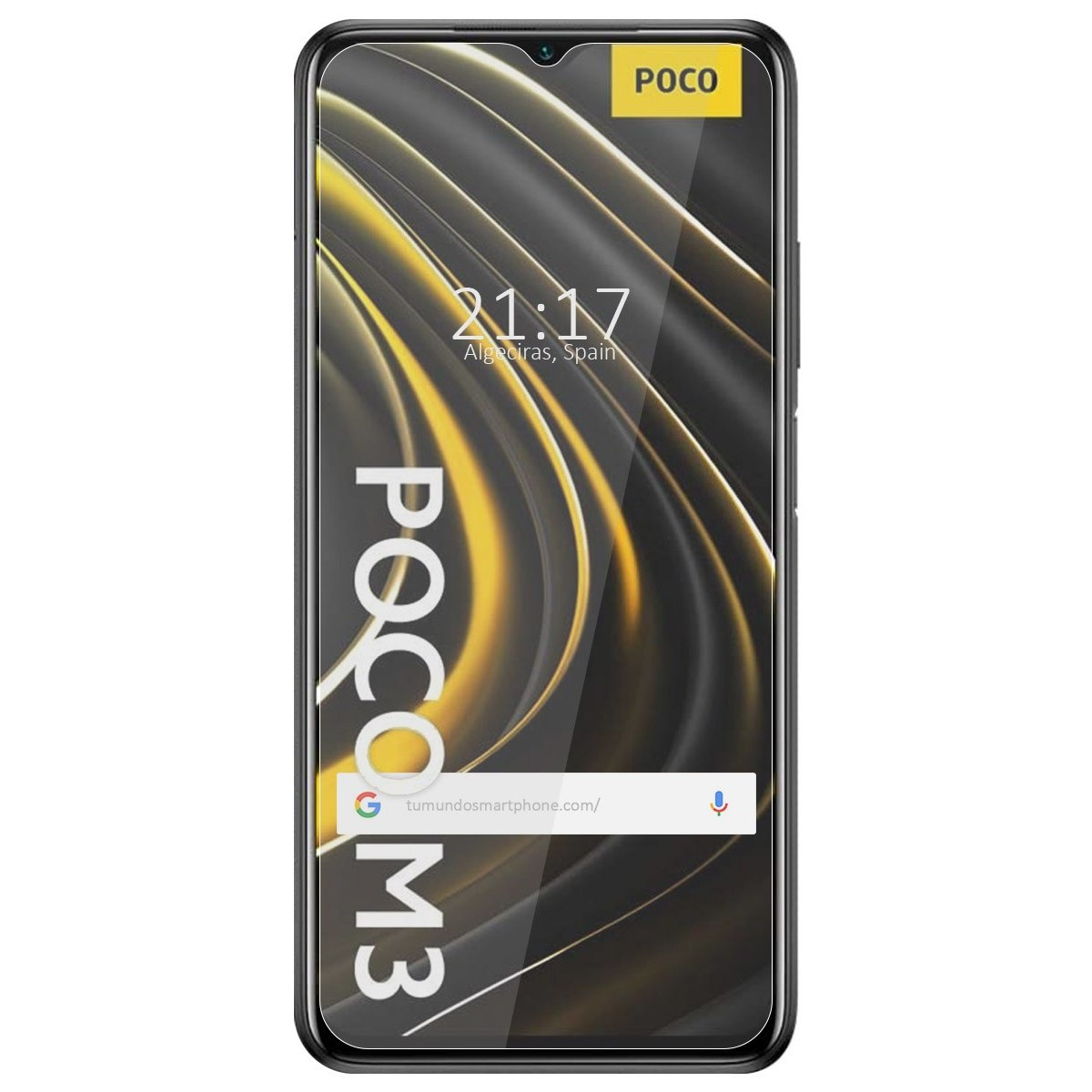 Smartphone nero con un design giallo e nero. Mostra l'ora e la barra di ricerca Google. Poco M3.