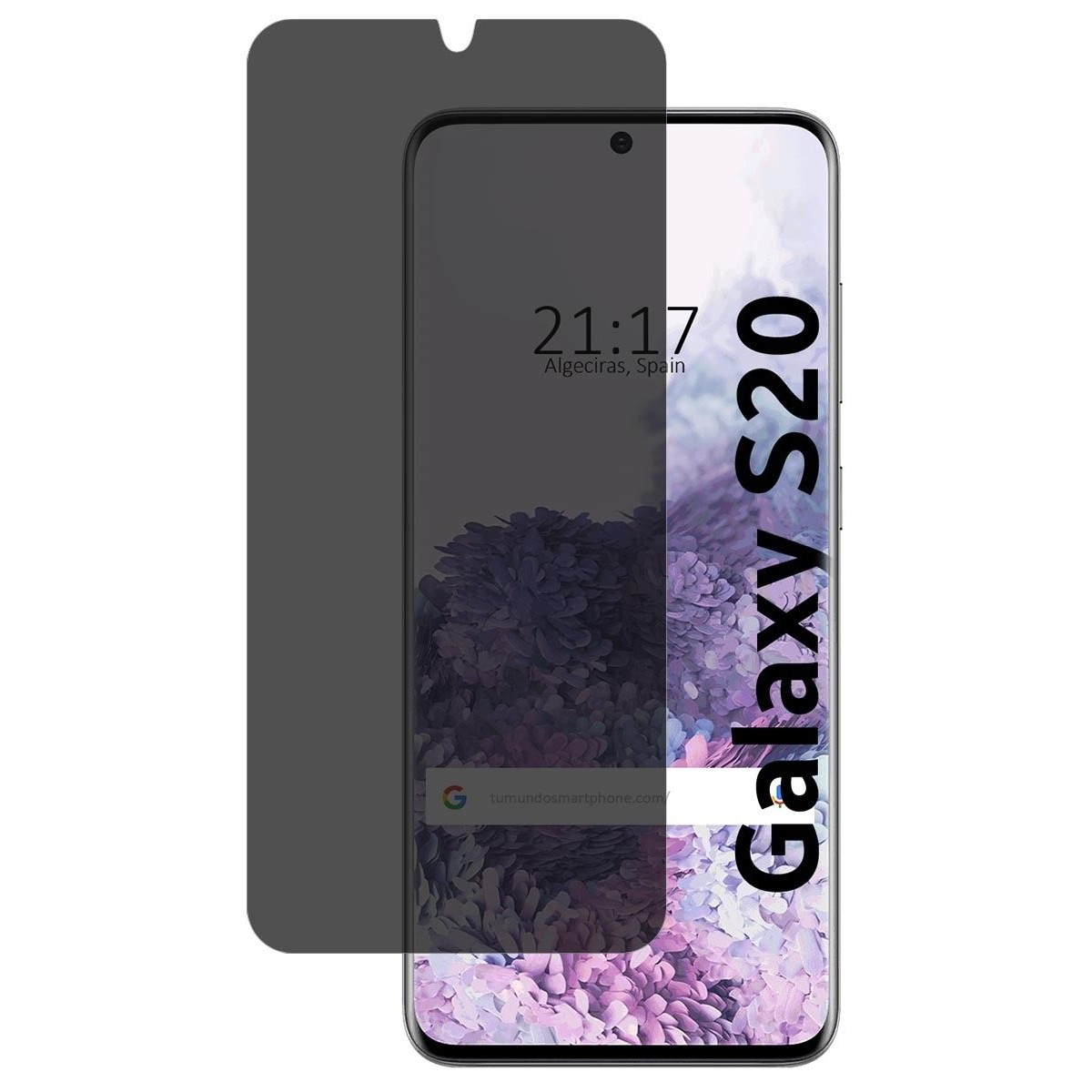 Telefono Galaxy S20 nero con protezione schermo. Il display mostra l'ora e una barra di ricerca.