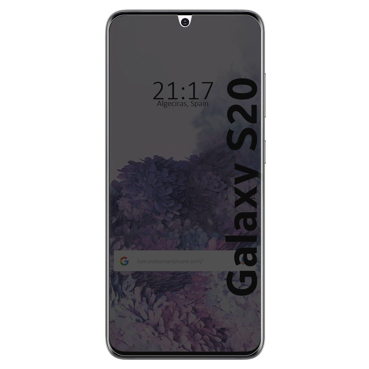 Telefono con protezione schermo. Lo schermo mostra l'ora, la barra di ricerca di Google e il testo 'Galaxy S20'.