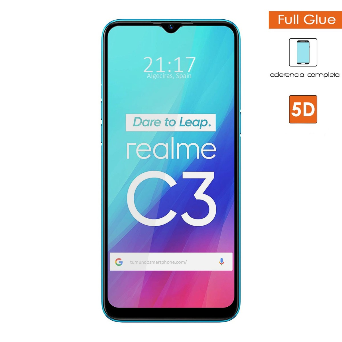 Smartphone Realme C3 mostrando la hora y una barra de búsqueda.