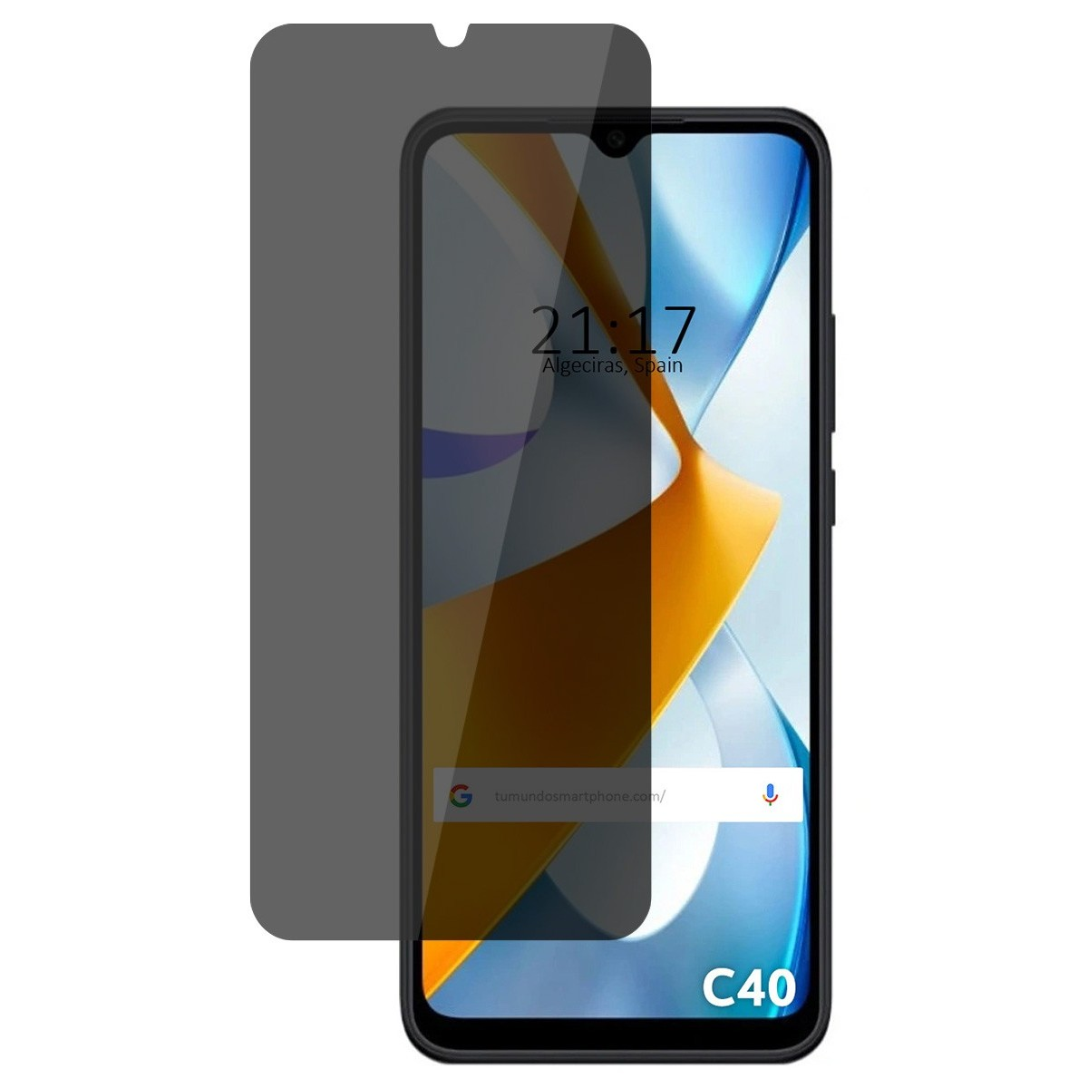 Telefono con protezione schermo. Lo schermo mostra l'ora e una barra di ricerca. Nome: C40.