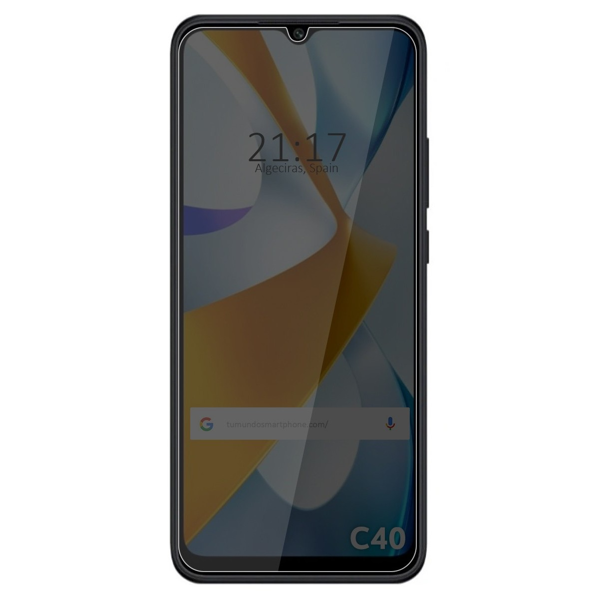 Telefono con schermo visualizzato. Ora: 21:17. Modello: C40. Sfondo arancione astratto sfocato.
