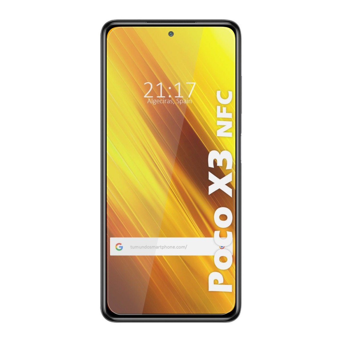 Smartphone Poco X3 NFC. La pantalla muestra la hora y la barra de búsqueda de Google. Fondo amarillo.