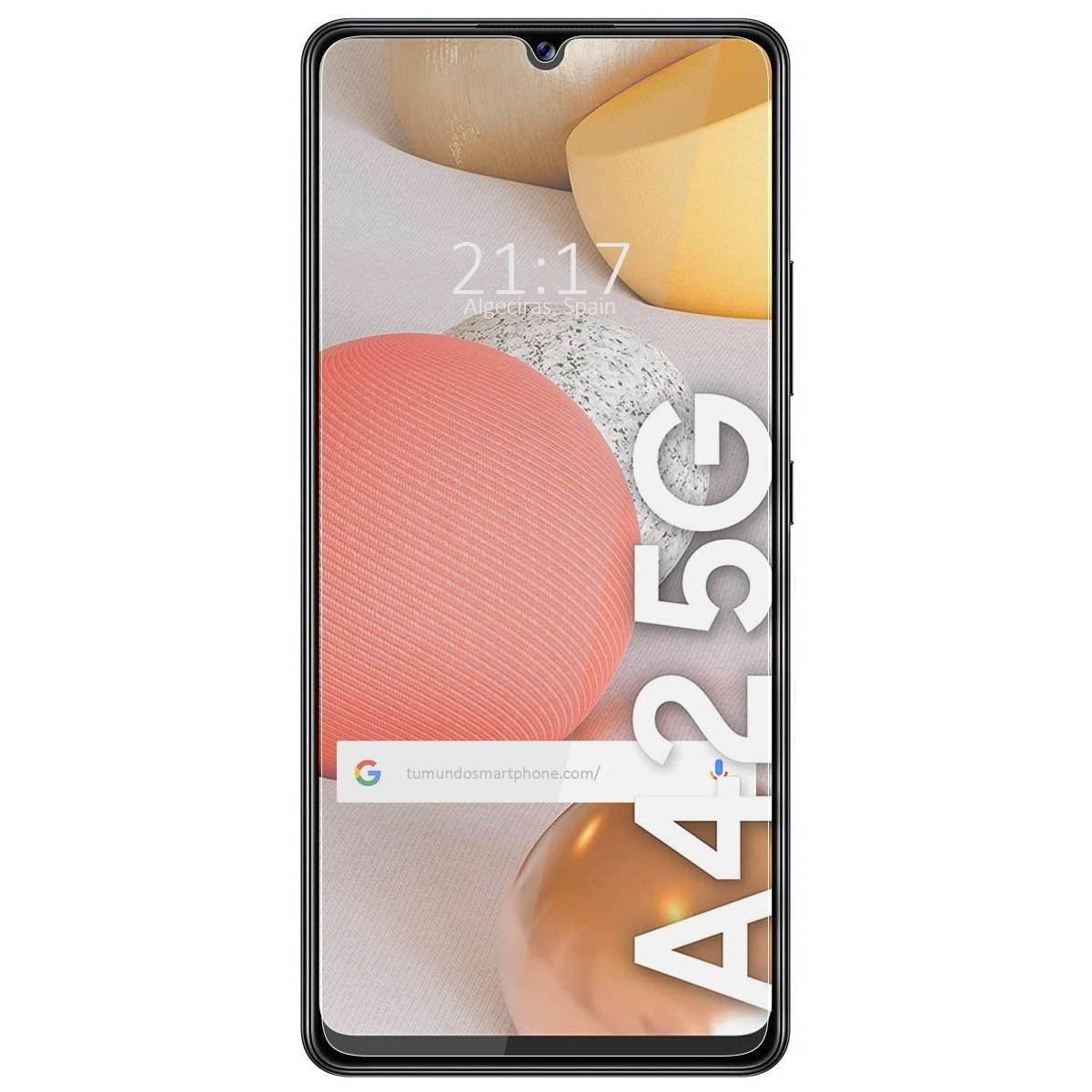 Teléfono A42 5G con pantalla. La pantalla muestra una barra de búsqueda, hora y ubicación.