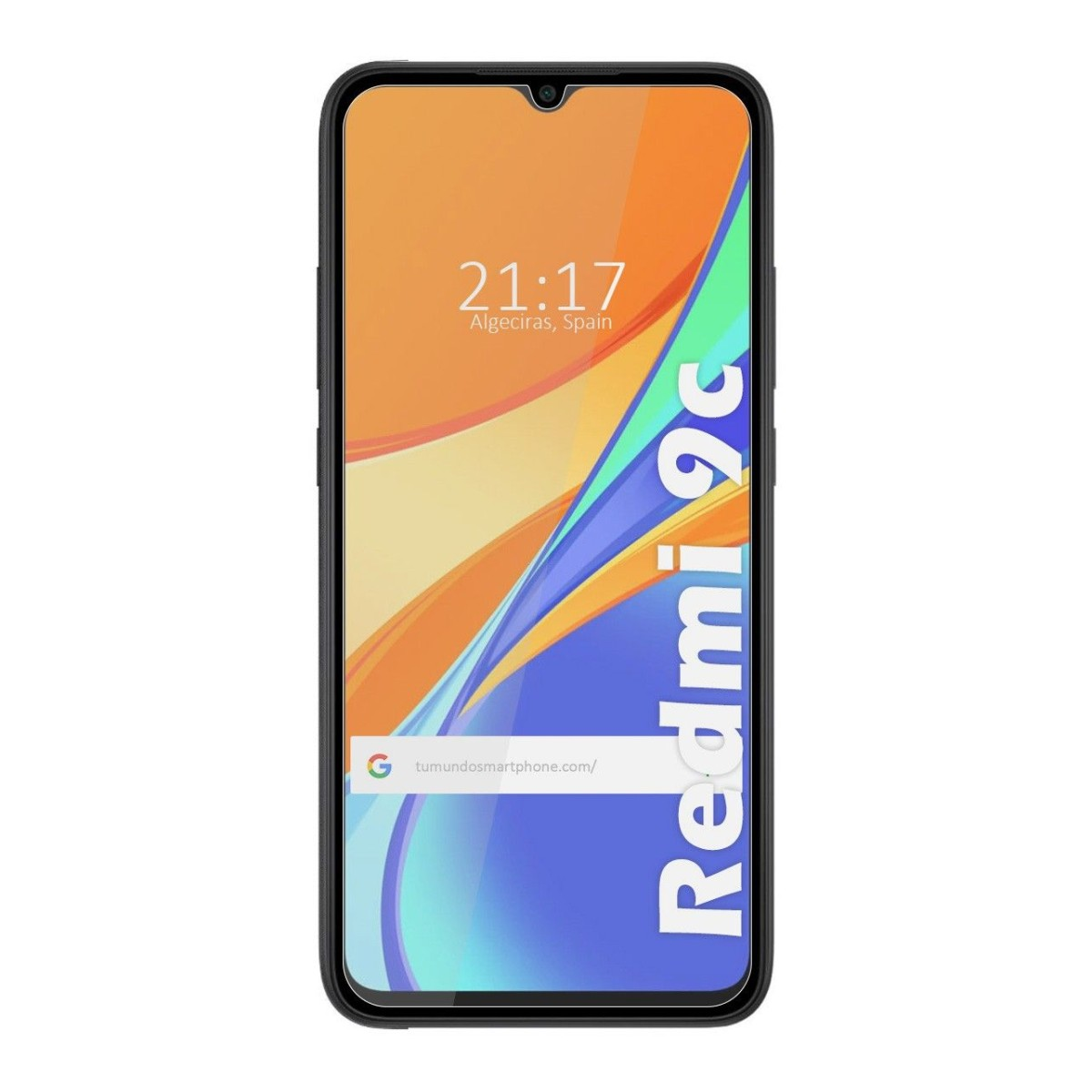 Schermo di smartphone con data, ora e design arancione e blu con testo Redmi 9c.