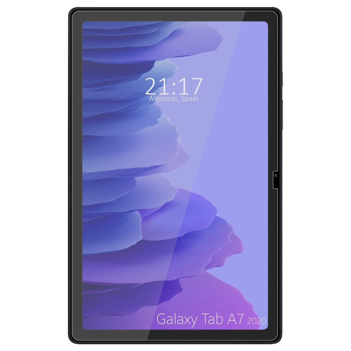 Tableta Galaxy Tab A7 2020 con pantalla encendida. Muestra fondo morado y azul.