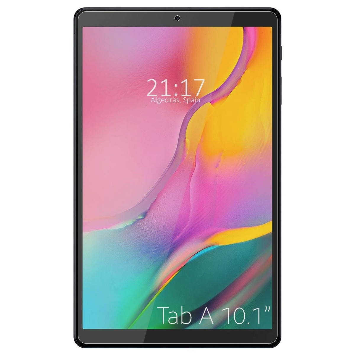 Una tableta que muestra la hora, la ciudad y la etiqueta 'Tab A 10.1"'.