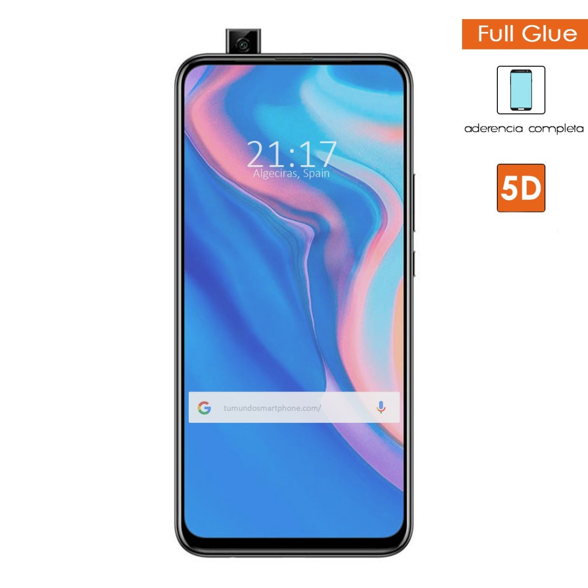 Teléfono inteligente que muestra hora, fecha y ubicación. El teléfono tiene el texto Full Glue y 5D.