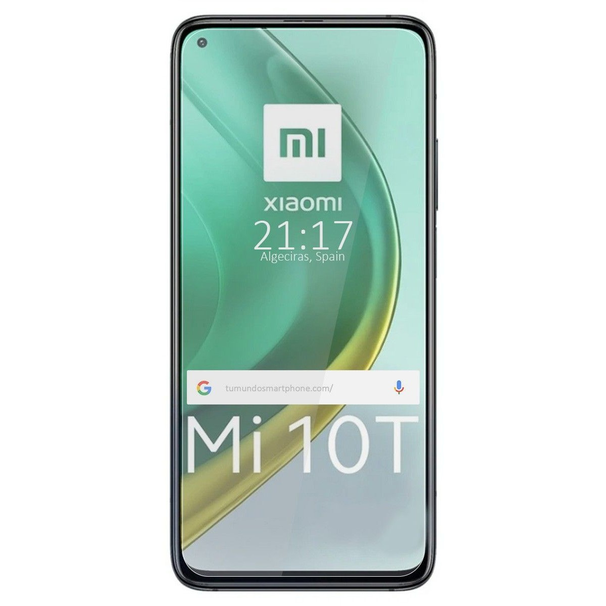 Smartphone con protezione schermo. Ora, modello e link sito web visualizzati. Sfondo verde e giallo.