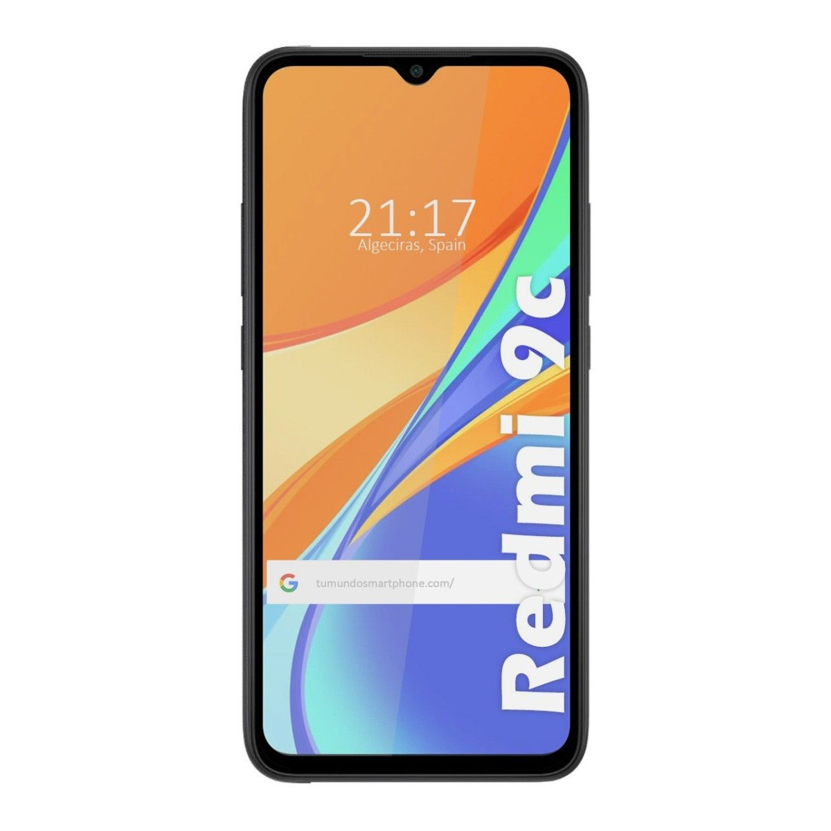 Uno smartphone con l'ora e la data visualizzate su uno sfondo astratto arancione, blu e bianco.