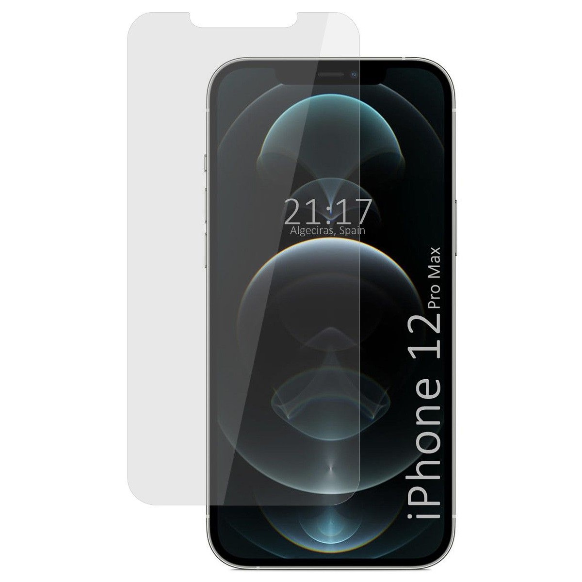 Un iPhone con una protezione per lo schermo accanto. Lo schermo mostra l'ora e il luogo.