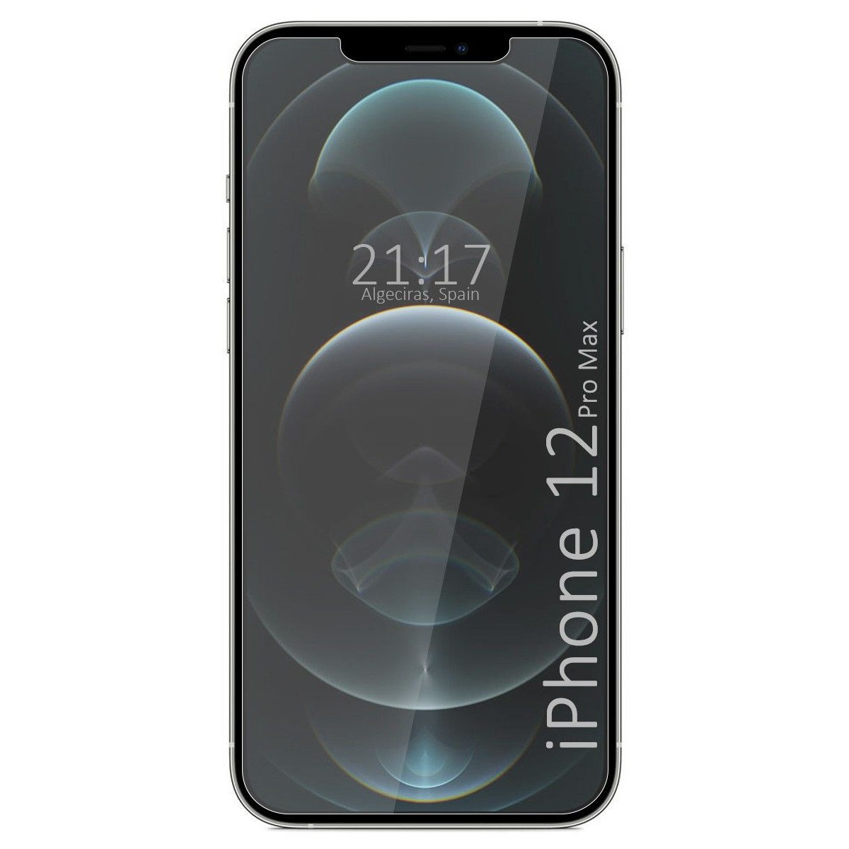 iPhone 12 Pro Max, schermo nero con ora. Telefono su sfondo bianco.