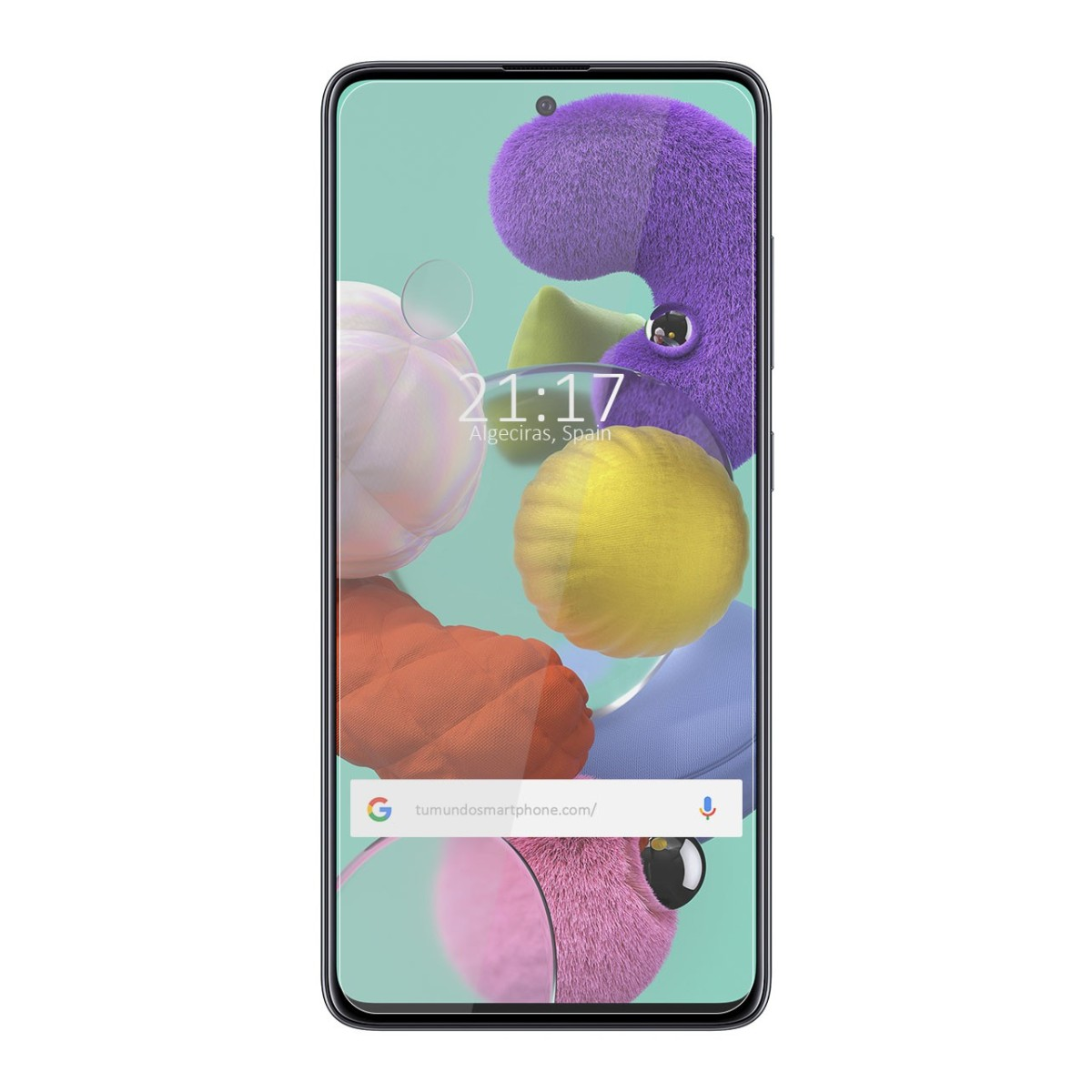 Lo schermo dello smartphone mostra forme astratte colorate, l'ora e una barra di ricerca. Il telefono ha una cornice nera.