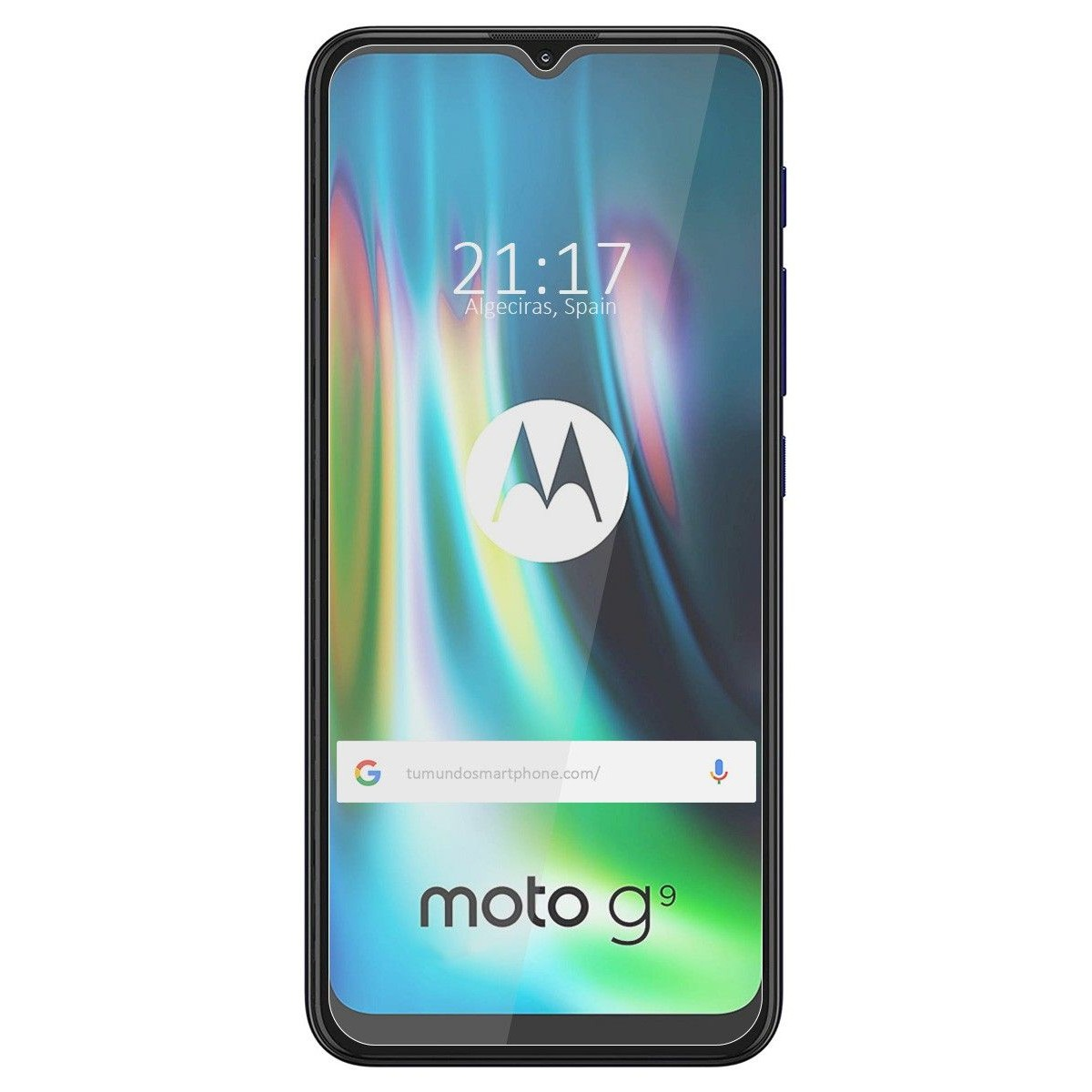 Una pantalla de smartphone moto g9 muestra la hora, Algeciras, España, y una barra de búsqueda. Logo Motorola.