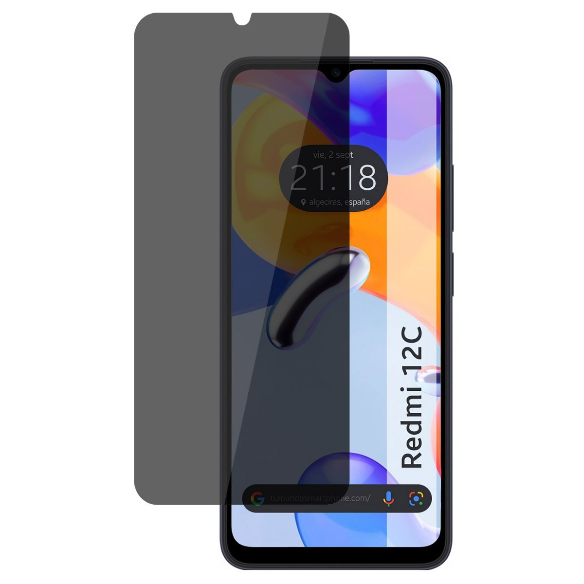 Telefono con protezione schermo. Lo schermo mostra l'ora e una barra di ricerca. Nome: Redmi 12C.