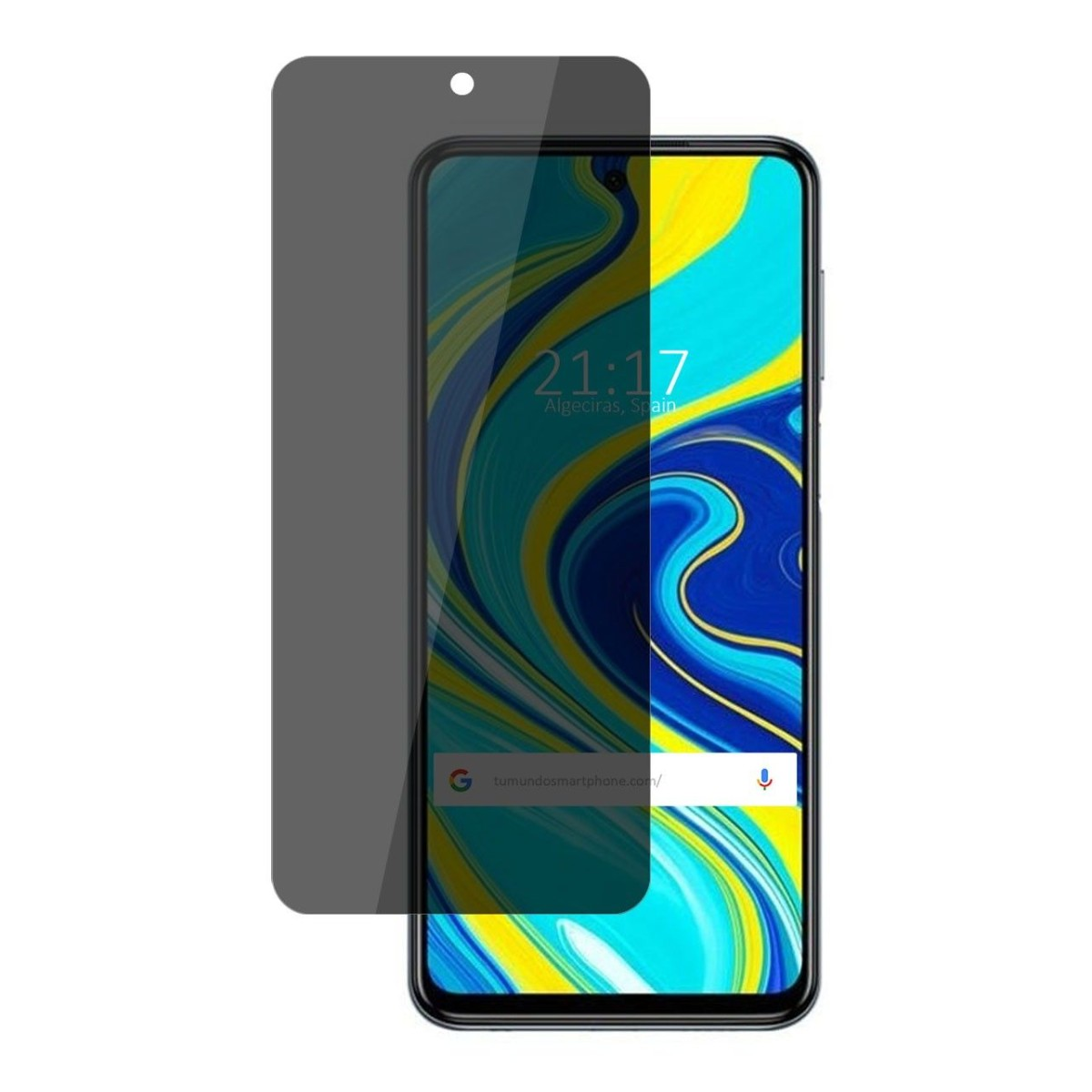 Telefono con protezione schermo. Lo schermo mostra ora e data. Il telefono è nero, la protezione grigia, Xiaomi.