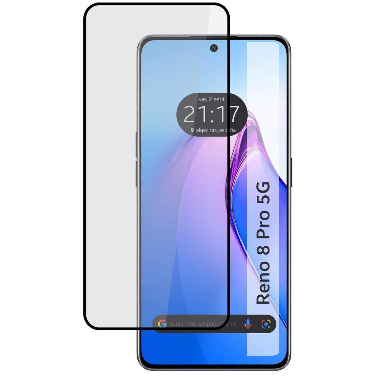 Uno schermo di smartphone con ora, data e logo. Il telefono ha uno sfondo chiaro con testo 'Reno 8 Pro 5G'.