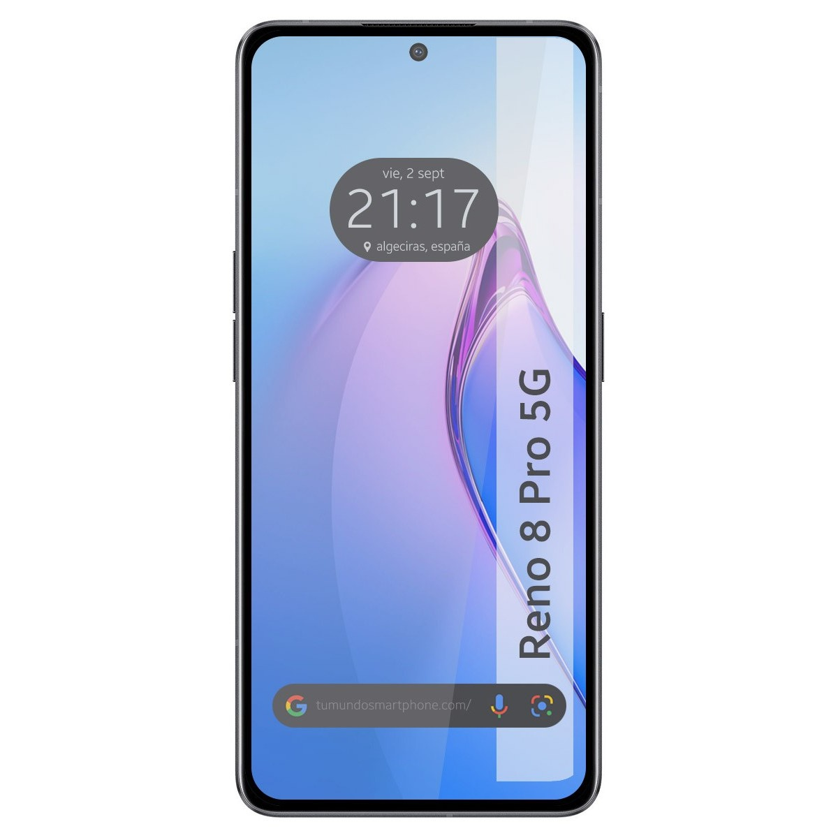 Telefono Reno 8 Pro 5G con protezione schermo. Mostra 21:17, Algeciras, Spagna.
