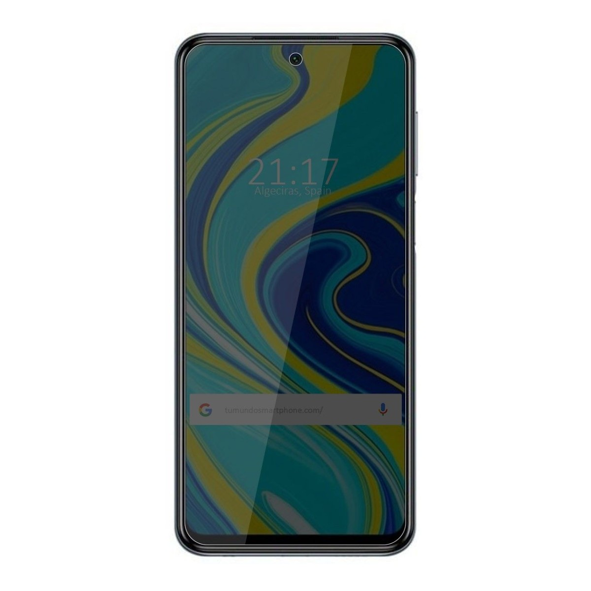 Schermo di smartphone con data, ora e design astratto verde acqua e verde, senza nome del modello.