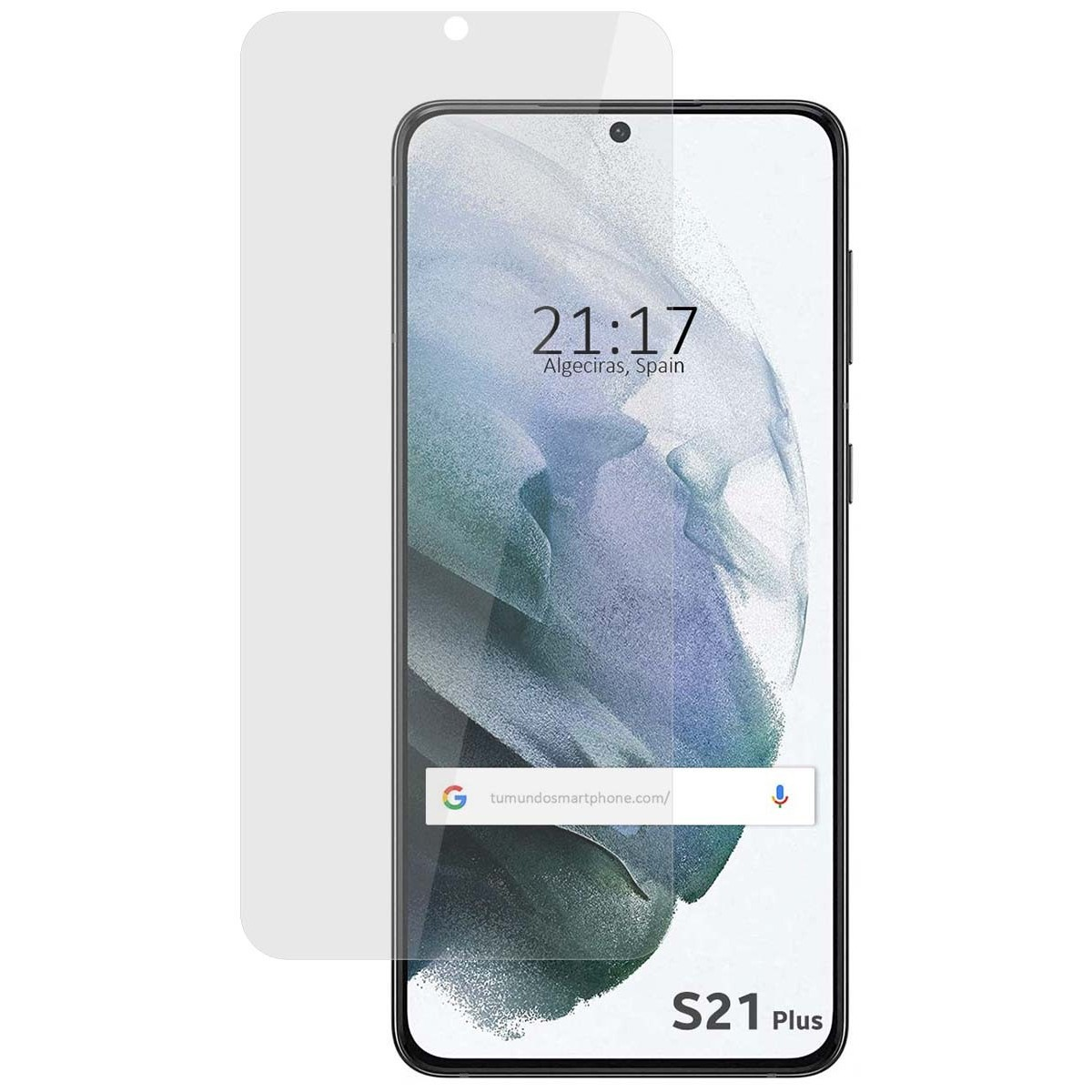 Telefono Samsung S21 Plus con protezione schermo. Lo schermo mostra barra di ricerca e ora.