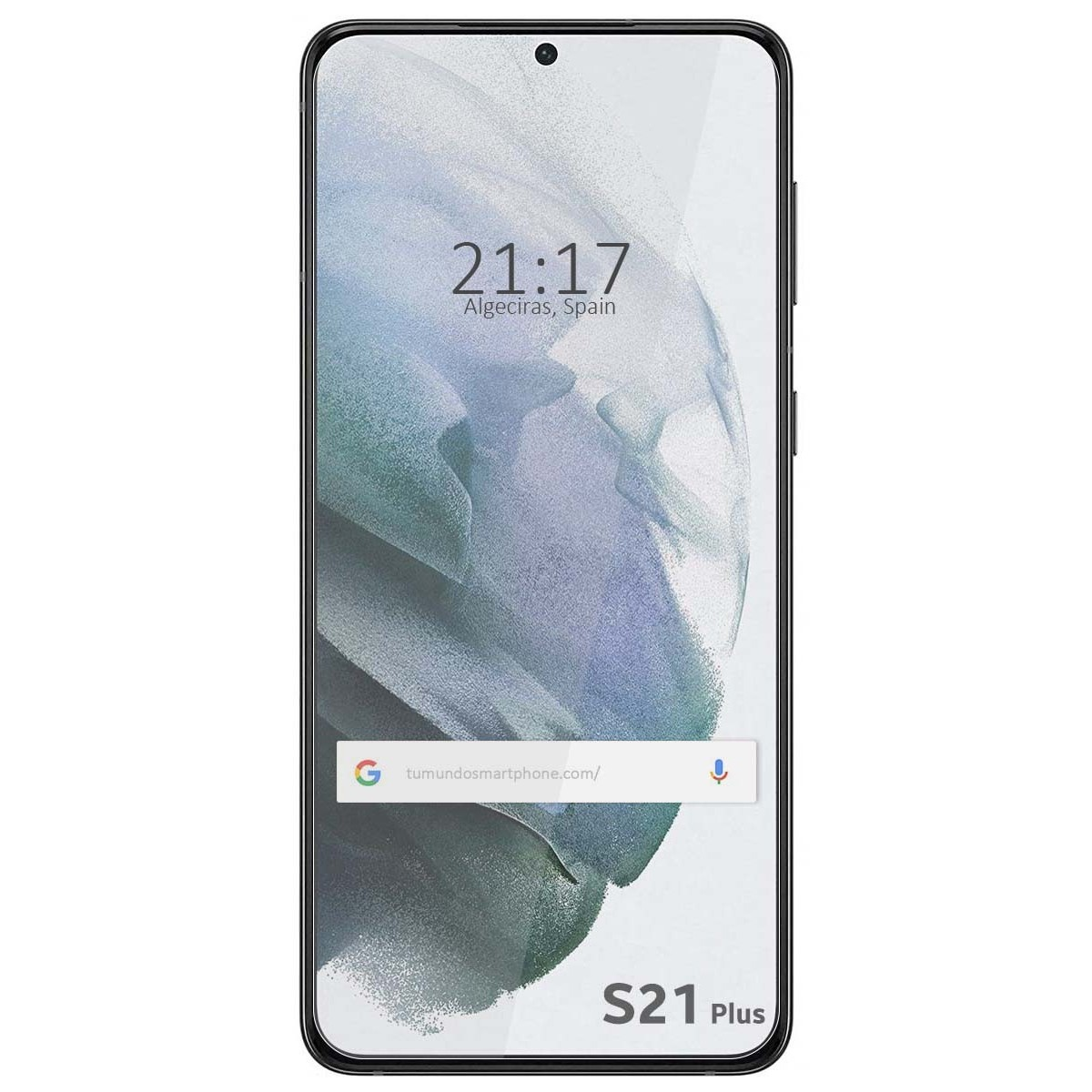 Telefono Samsung S21 Plus su sfondo bianco, mostra l'ora e la barra di ricerca Google.