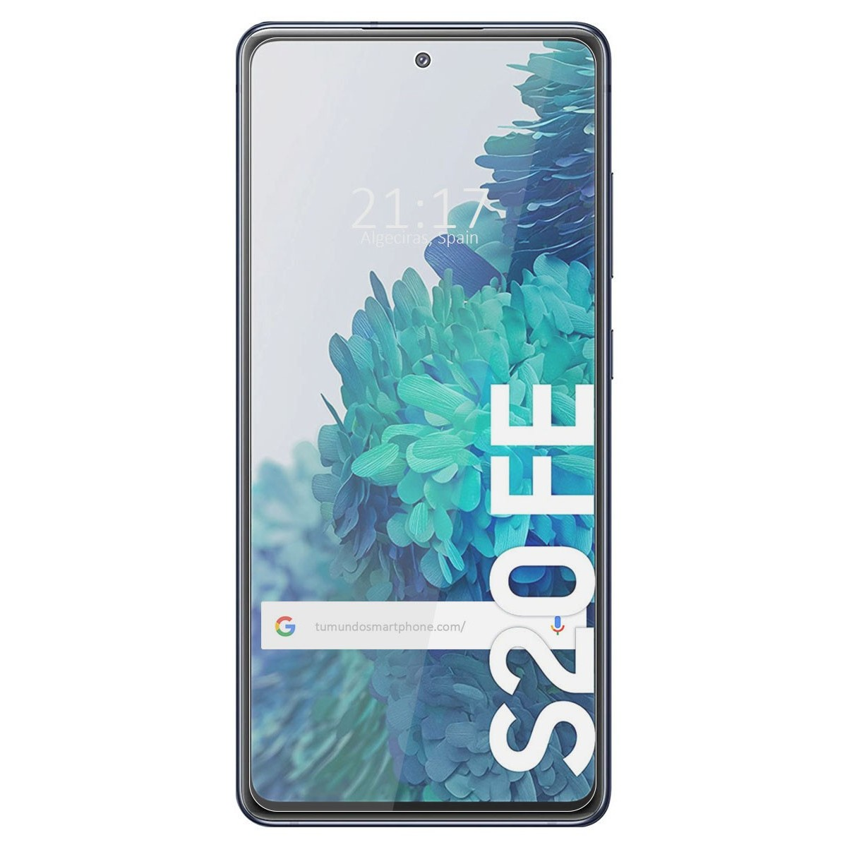 Un telefono blu Samsung S20 FE mostra un sito web e le 21:17. Lo schermo mostra uno sfondo blu.