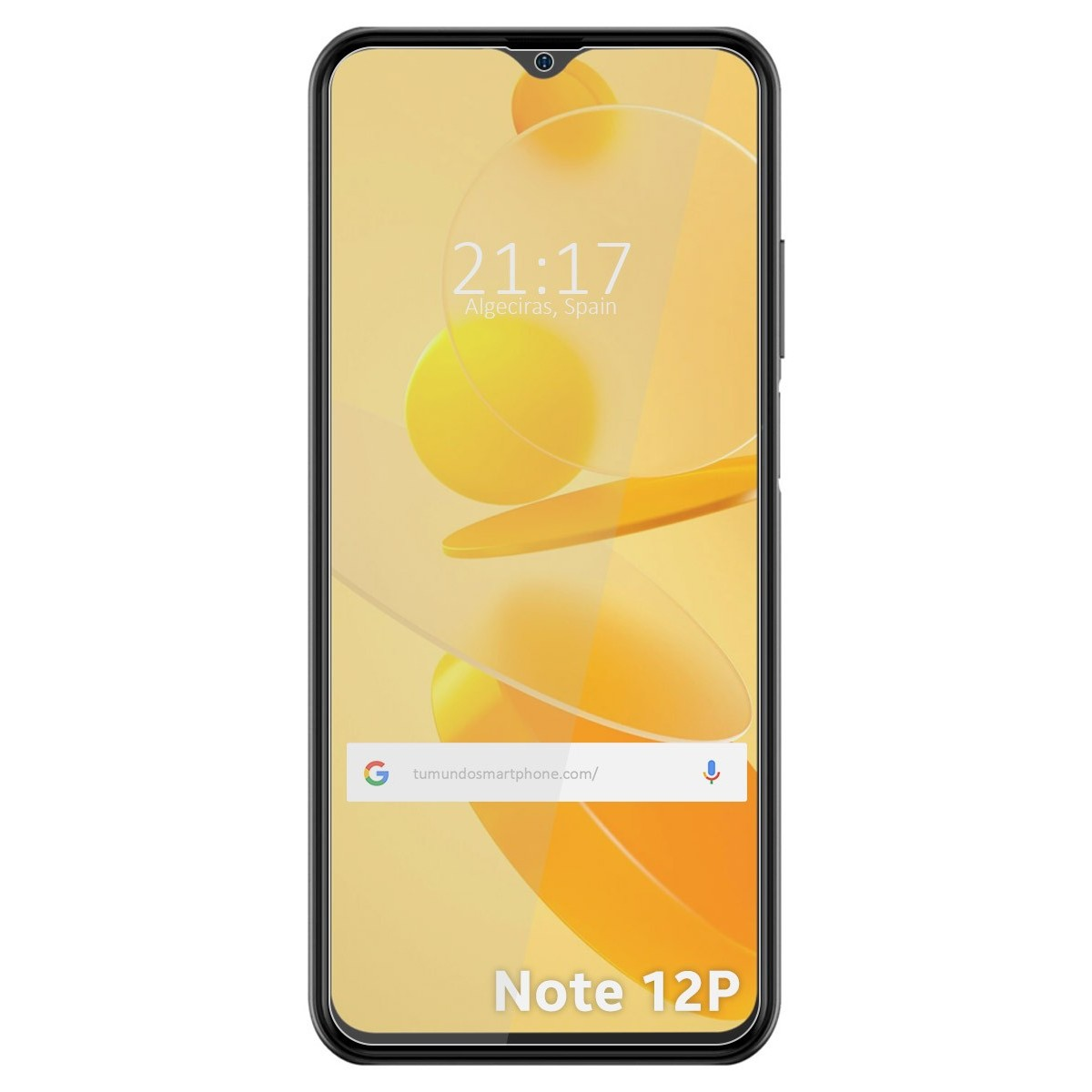 Pantalla del teléfono con hora, ubicación y texto Note 12P. Un protector de pantalla está en el teléfono.