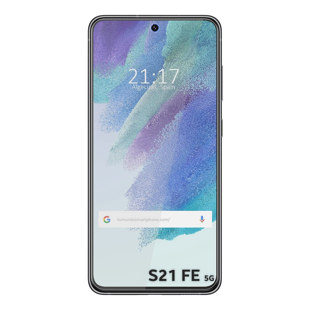 Telefono S21 FE 5G con l'ora visualizzata. Lo schermo ha uno sfondo colorato.